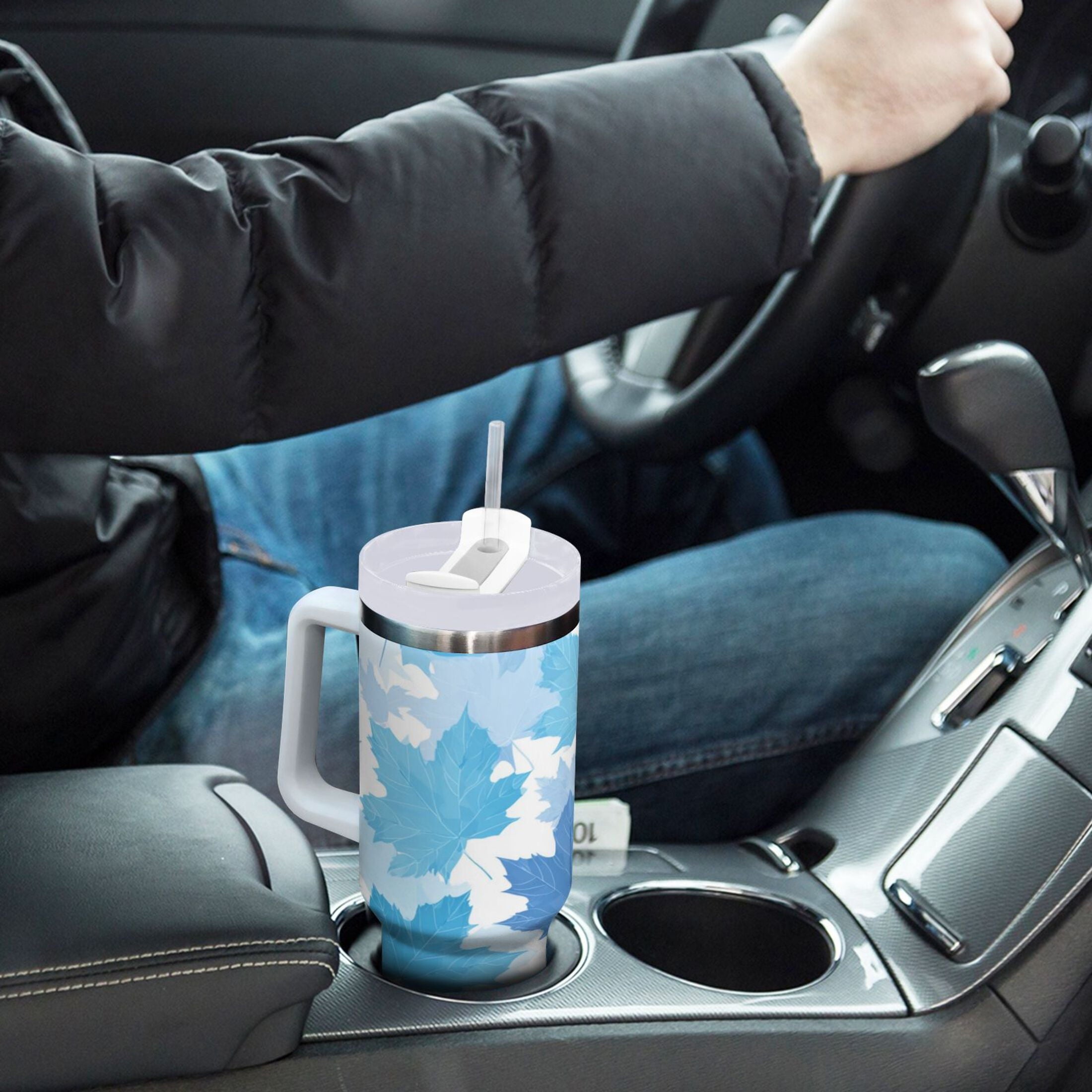 30 oz Insulated Stainless Steel Tumbler Double Wall Stainless Steel Tumbler with 2-Way Drinking Light Blue Maple Leaves