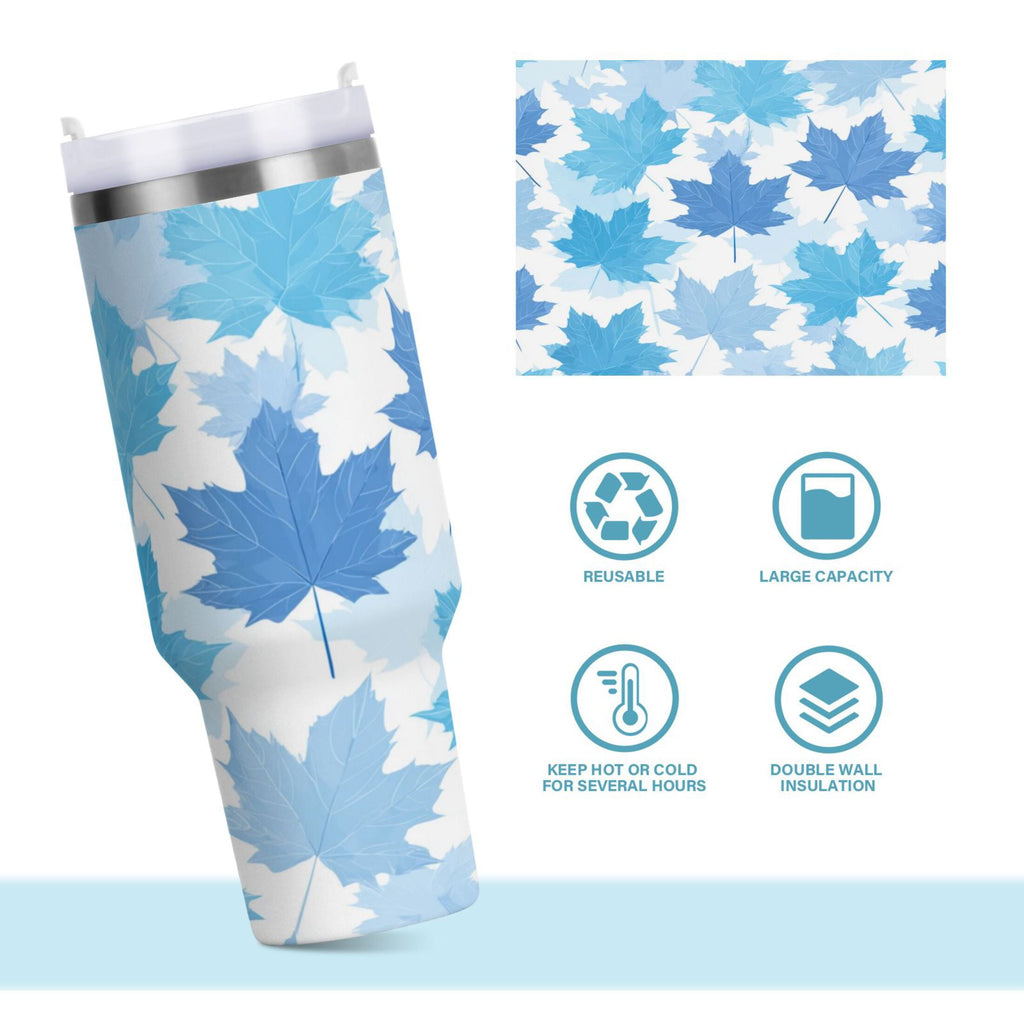 30 oz Insulated Stainless Steel Tumbler Double Wall Stainless Steel Tumbler with 2-Way Drinking Light Blue Maple Leaves