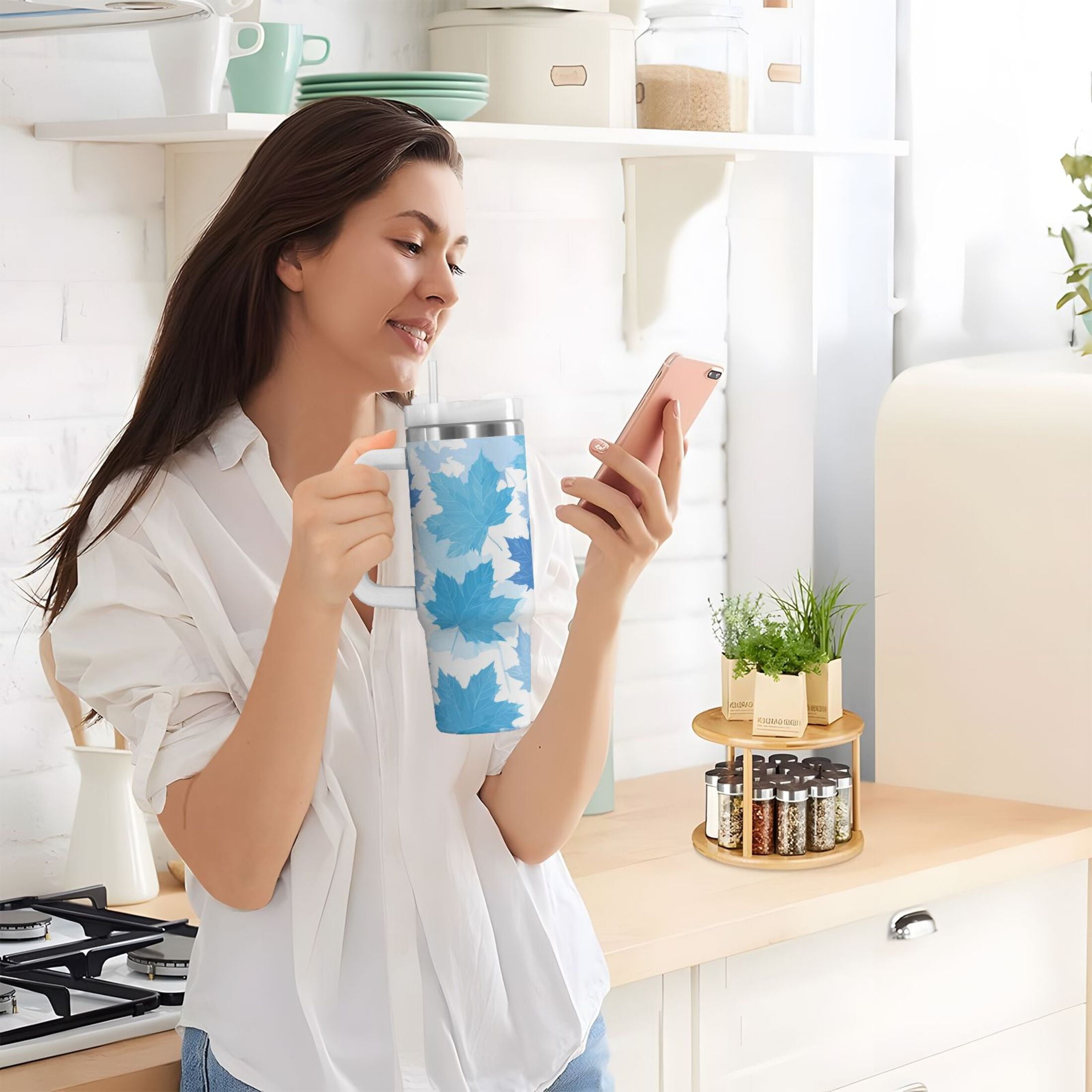 30 oz Insulated Stainless Steel Tumbler Double Wall Stainless Steel Tumbler with 2-Way Drinking Light Blue Maple Leaves