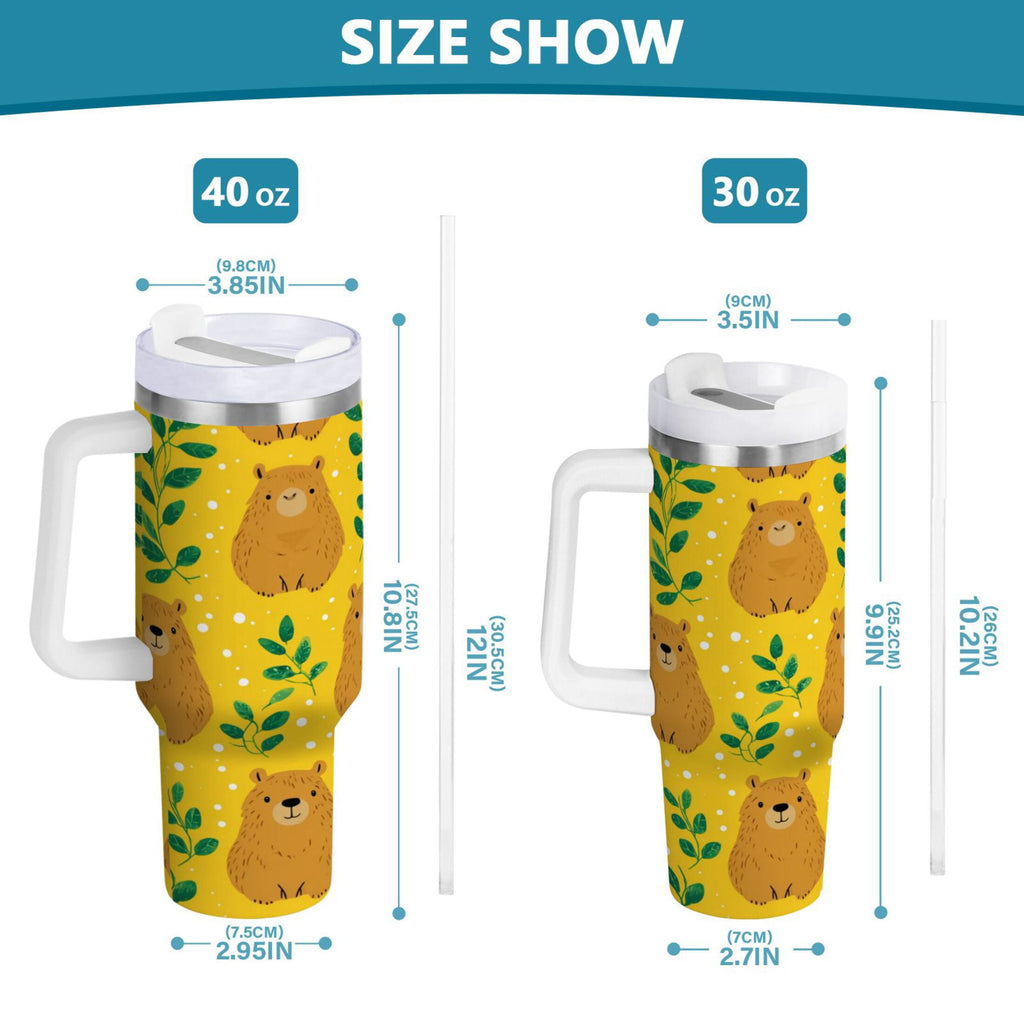 30 oz Insulated Stainless Steel Tumbler Double Wall Stainless Steel Tumbler with 2-Way Drinking Capybara and Green Leaves