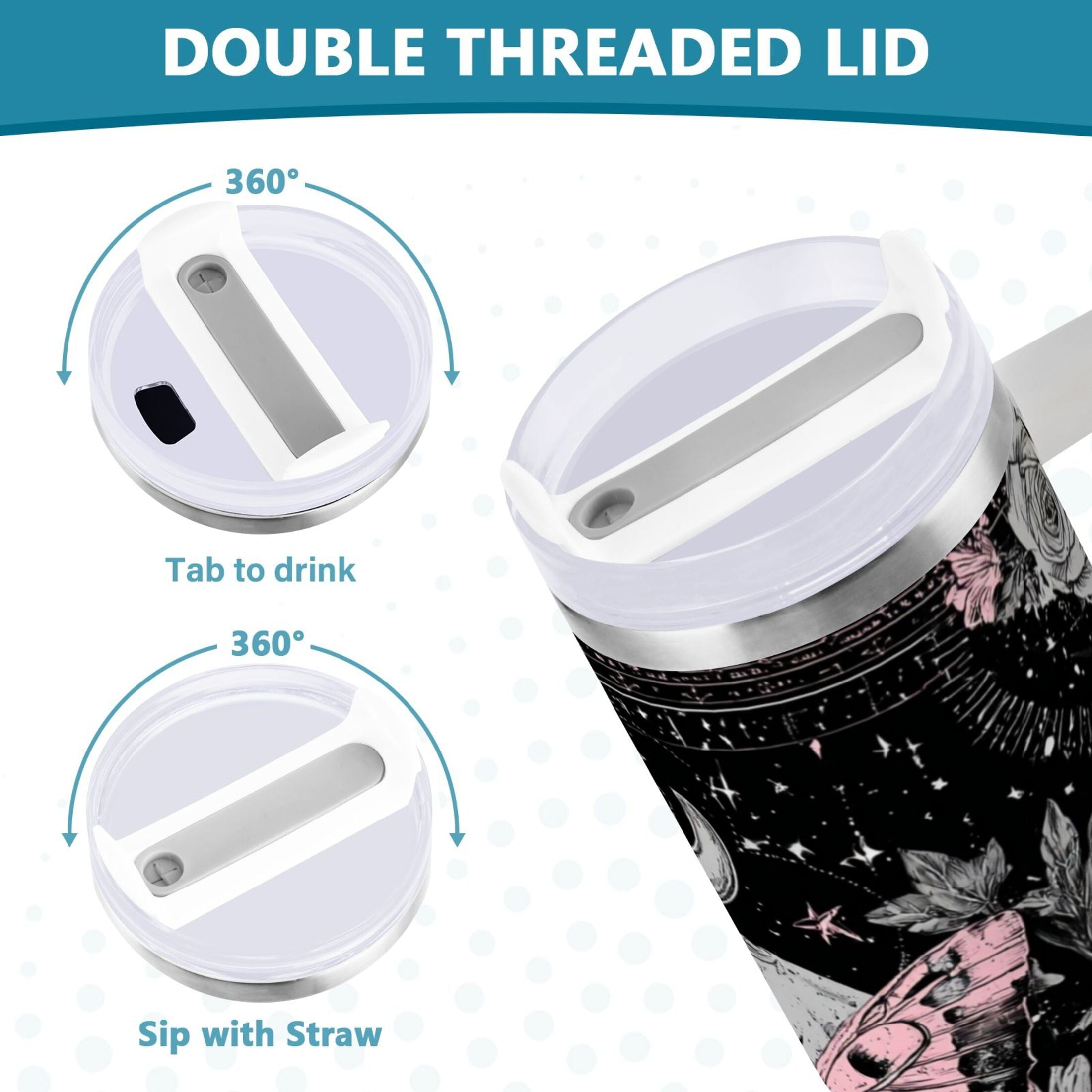 30 oz Insulated Stainless Steel Tumbler Double Wall Stainless Steel Tumbler with 2-Way Drinking Butterfly by Moon and Flowers