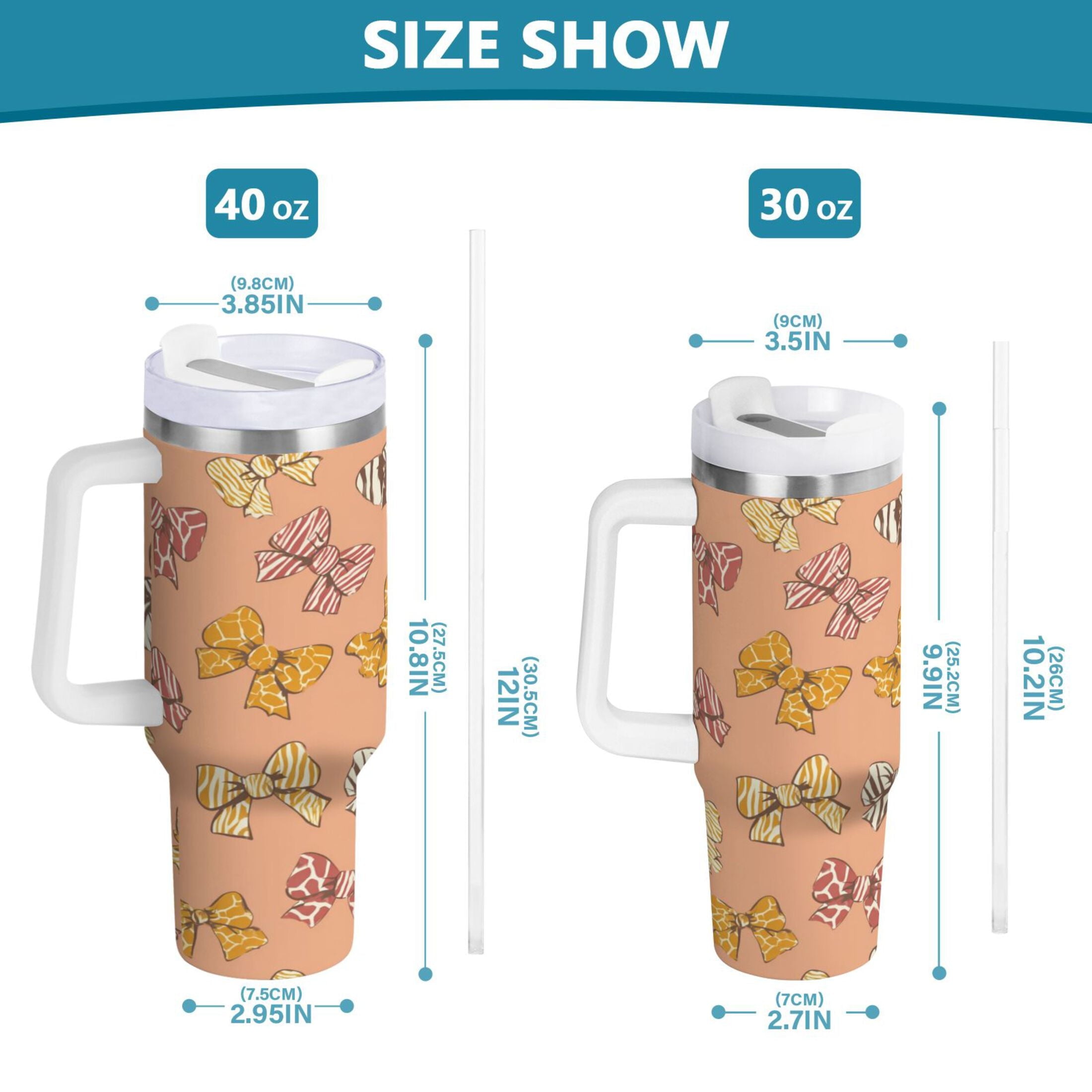 40 oz Insulated Stainless Steel Tumbler Double Wall Stainless Steel Tumbler with 2-Way Drinking Cute Animal Print Bows