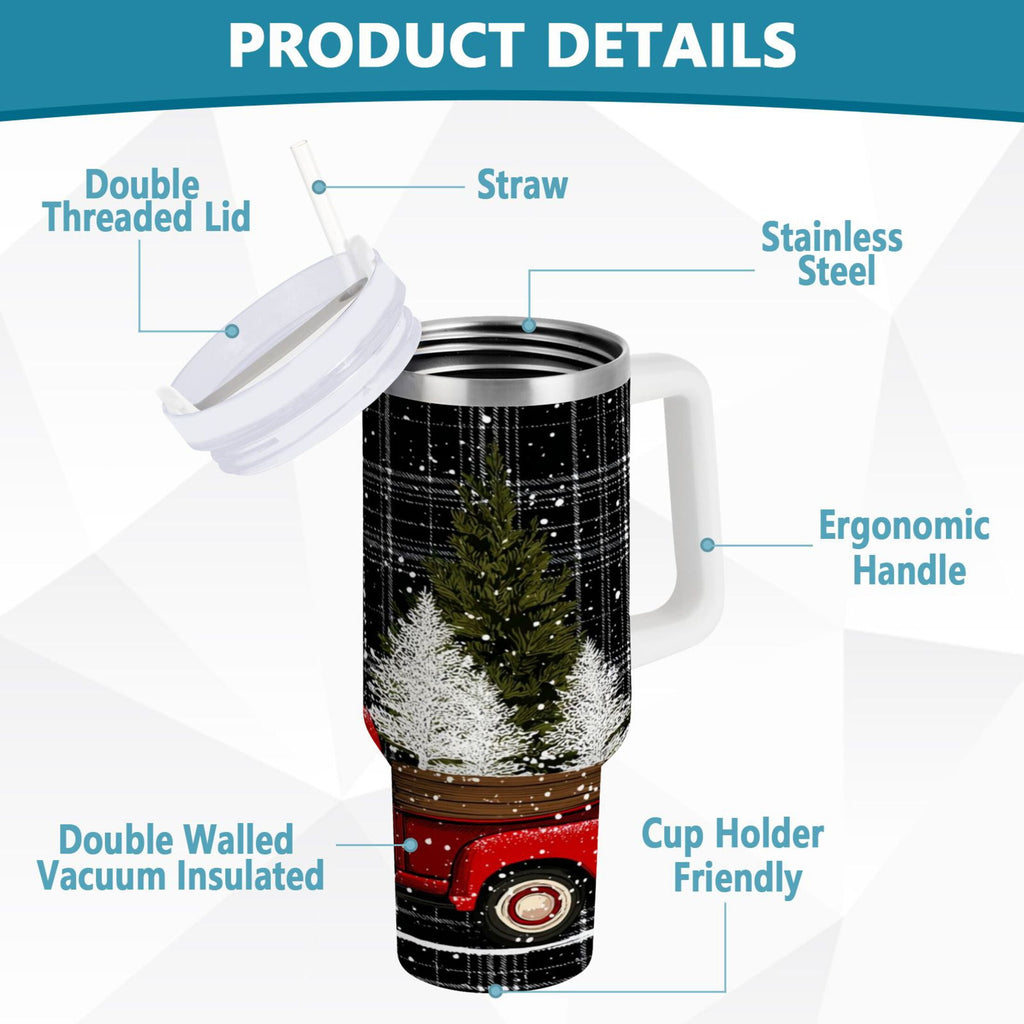 40 oz Insulated Stainless Steel Tumbler Double Wall Stainless Steel Tumbler with 2-Way Drinking Red Truck with Christmas Tree