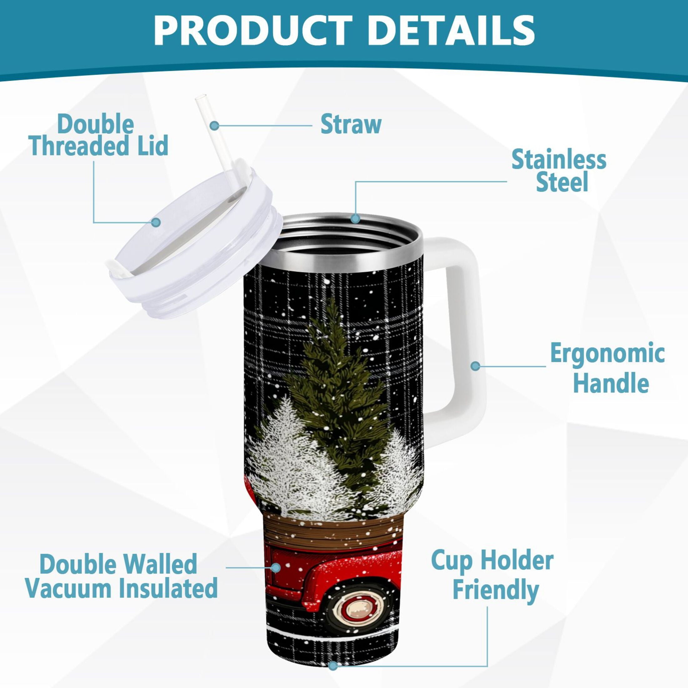 40 oz Insulated Stainless Steel Tumbler Double Wall Stainless Steel Tumbler with 2-Way Drinking Red Truck with Christmas Tree