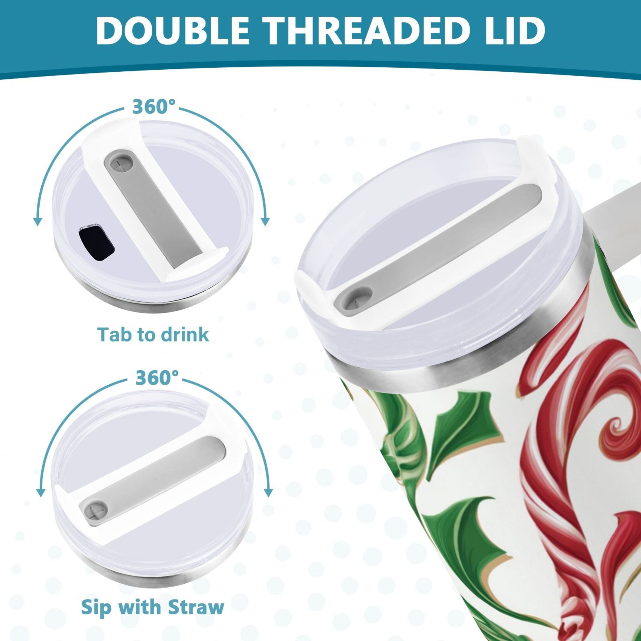 40 oz Insulated Stainless Steel Tumbler Double Wall Stainless Steel Tumbler with 2-Way Drinking Red and Green Candy-cane