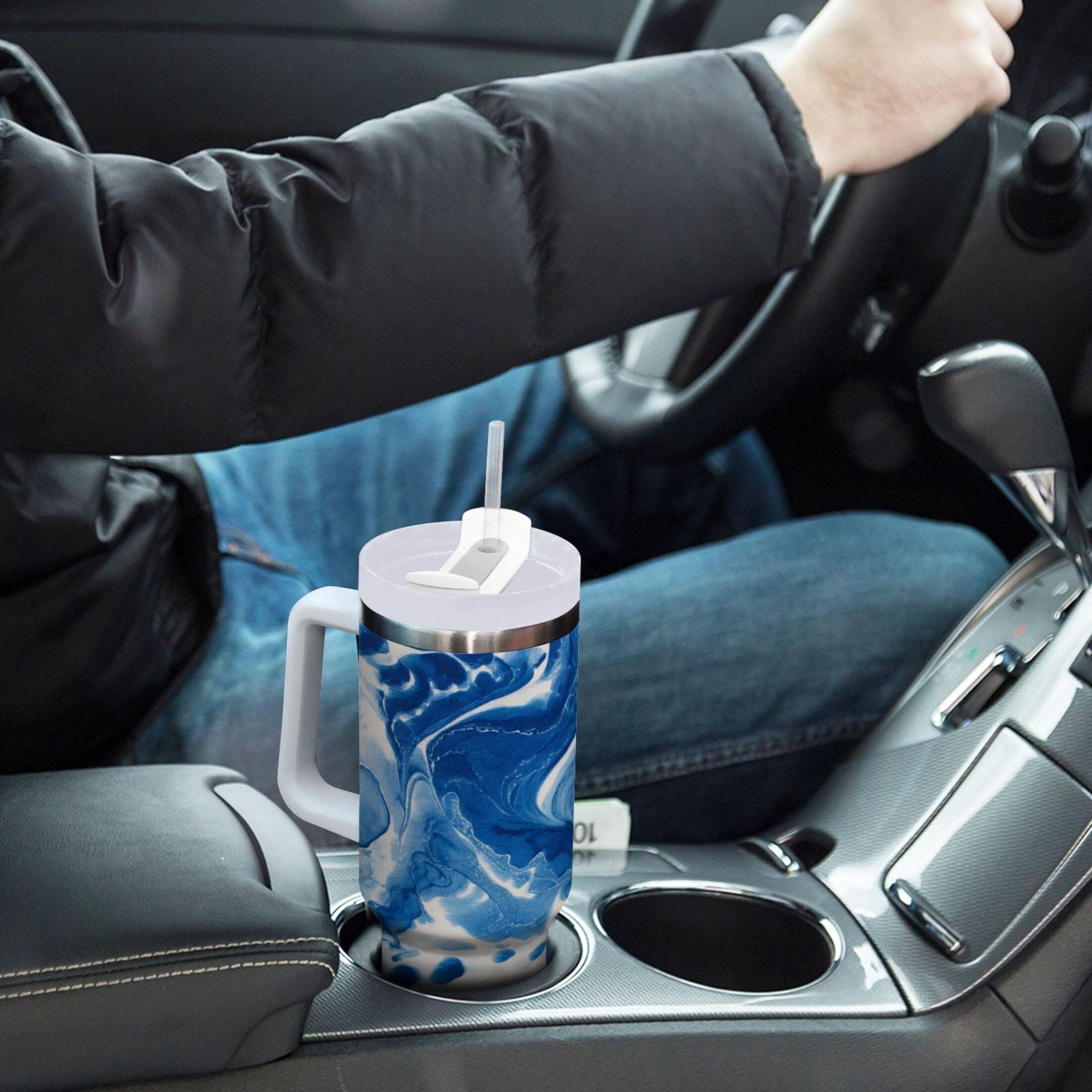 40 oz Insulated Stainless Steel Tumbler Double Wall Stainless Steel Tumbler with 2-Way Drinking Indigo Blue Tie-dye Pattern