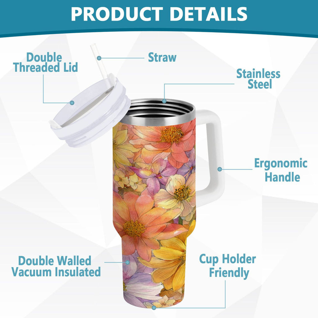 30 oz Insulated Stainless Steel Tumbler Double Wall Stainless Steel Tumbler with 2-Way Drinking Summer Blossoms