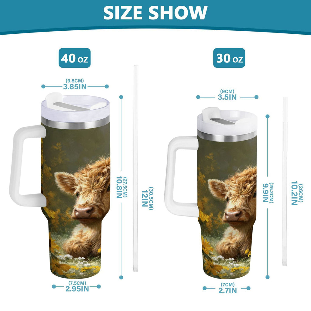 40 oz Insulated Stainless Steel Tumbler Double Wall Stainless Steel Tumbler with 2-Way Drinking Cow Lying in Sunflowers