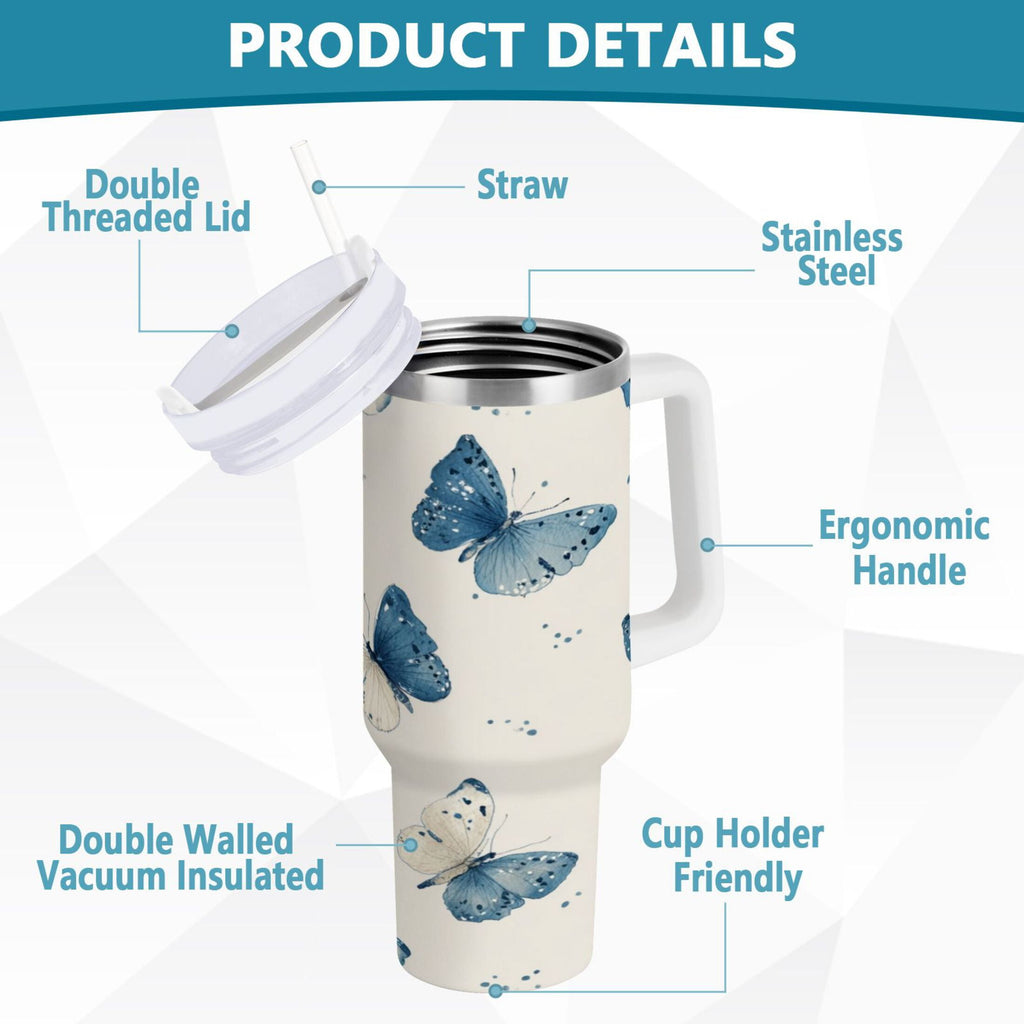 30 oz Insulated Stainless Steel Tumbler Double Wall Stainless Steel Tumbler with 2-Way Drinking Blue Watercolor Butterflies