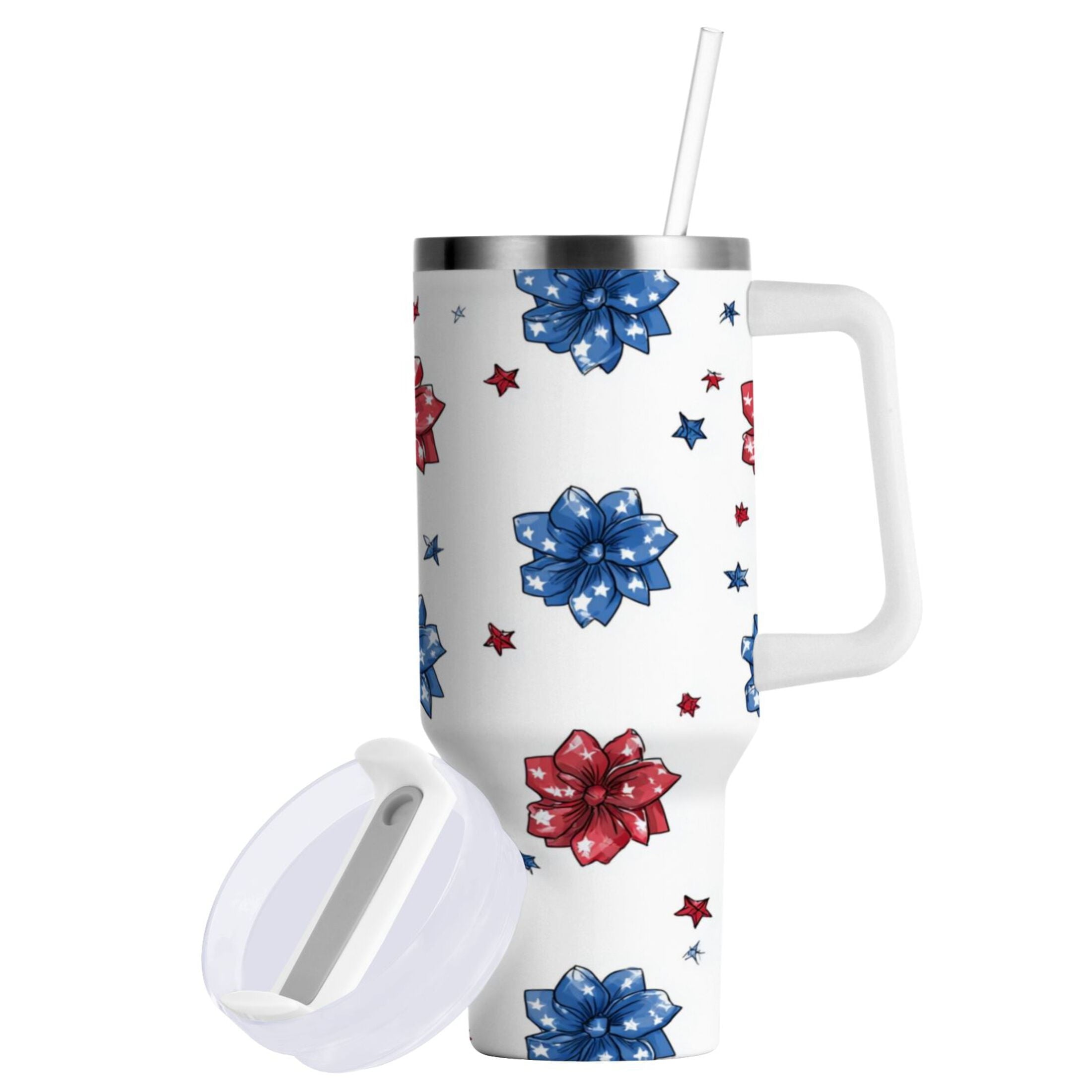 40 oz Insulated Stainless Steel Tumbler Double Wall Stainless Steel Tumbler with 2-Way Drinking Stars and Stripes Puttern Flower