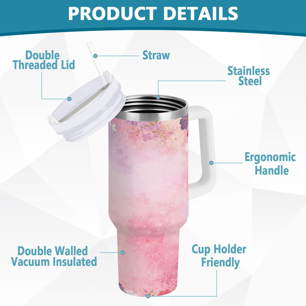 30 oz Insulated Stainless Steel Tumbler Double Wall Stainless Steel Tumbler with 2-Way Drinking Colorful Pastel Floral Pattern