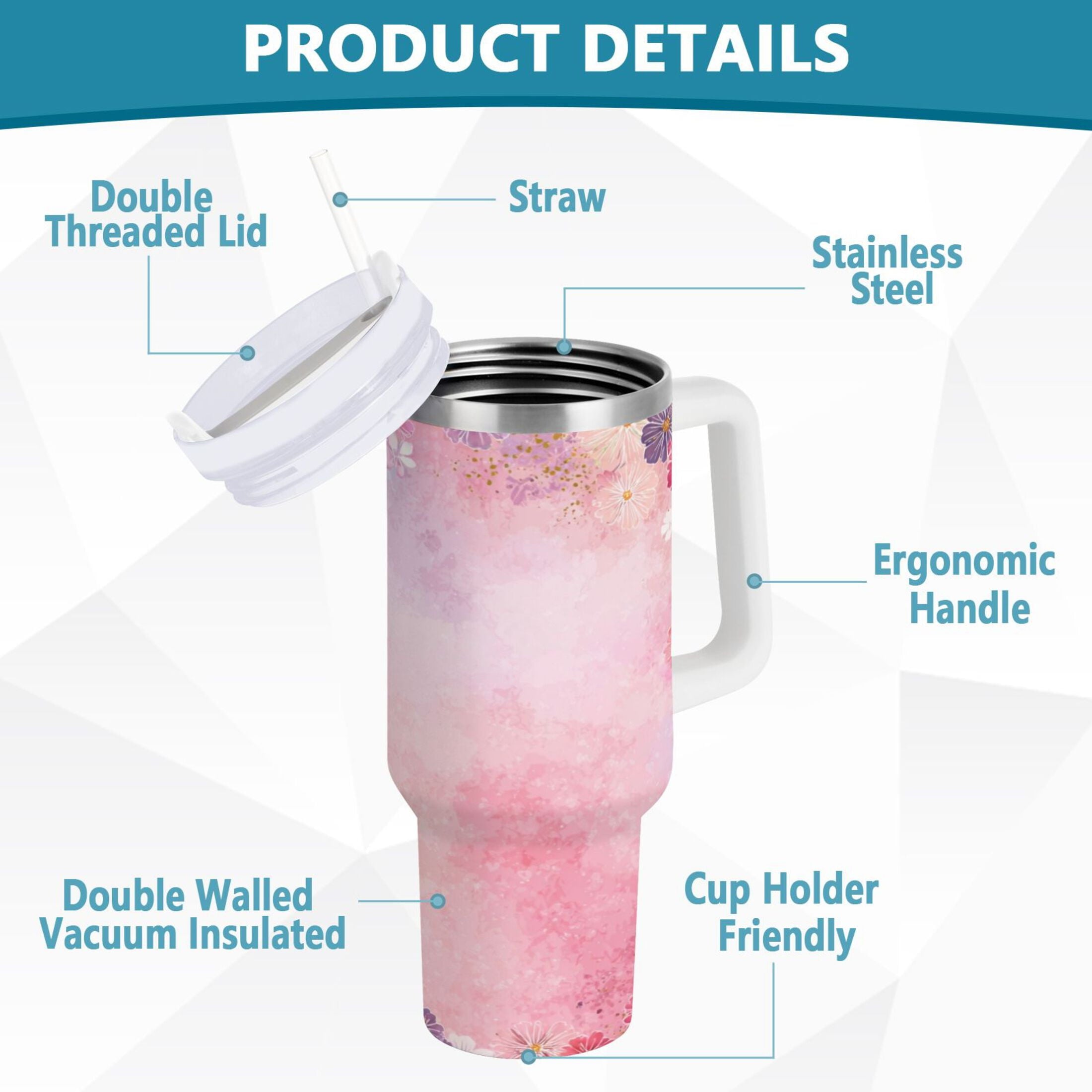 30 oz Insulated Stainless Steel Tumbler Double Wall Stainless Steel Tumbler with 2-Way Drinking Colorful Pastel Floral Pattern