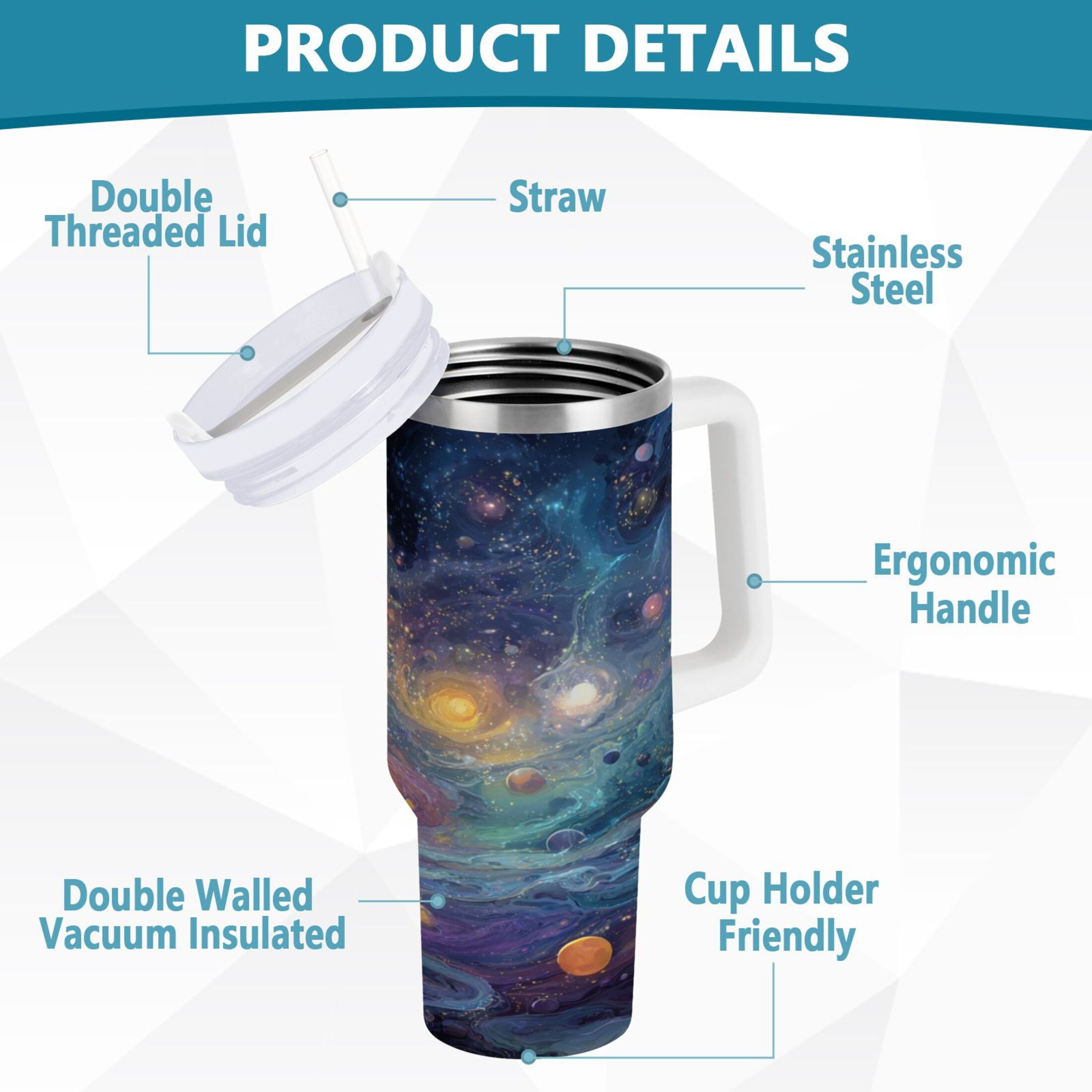30 oz Insulated Stainless Steel Tumbler Double Wall Stainless Steel Tumbler with 2-Way Drinking Vibrant and Colorful Universe