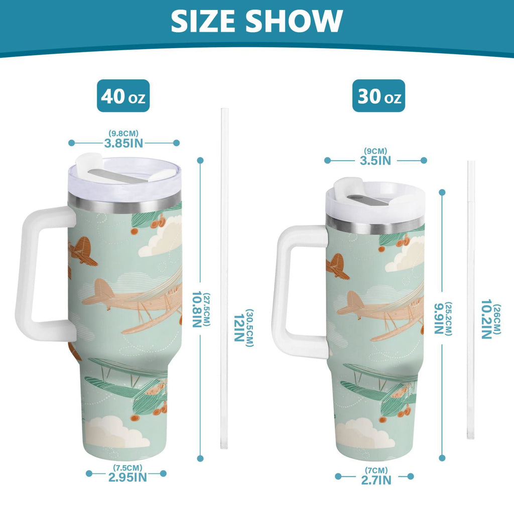 40 oz Insulated Stainless Steel Tumbler Double Wall Stainless Steel Tumbler with 2-Way Drinking Cute Airplanes