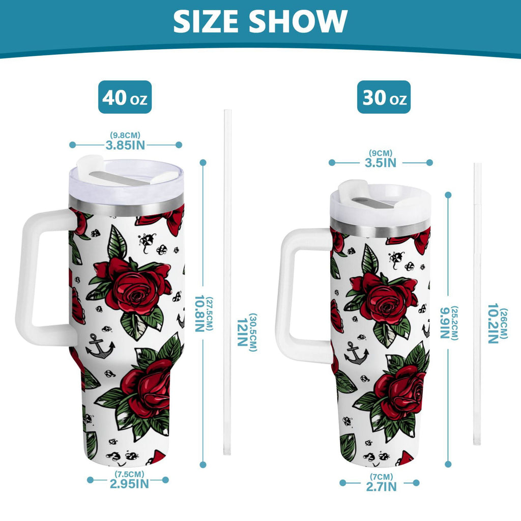 40 oz Insulated Stainless Steel Tumbler Double Wall Stainless Steel Tumbler with 2-Way Drinking Red Roses and Cherries