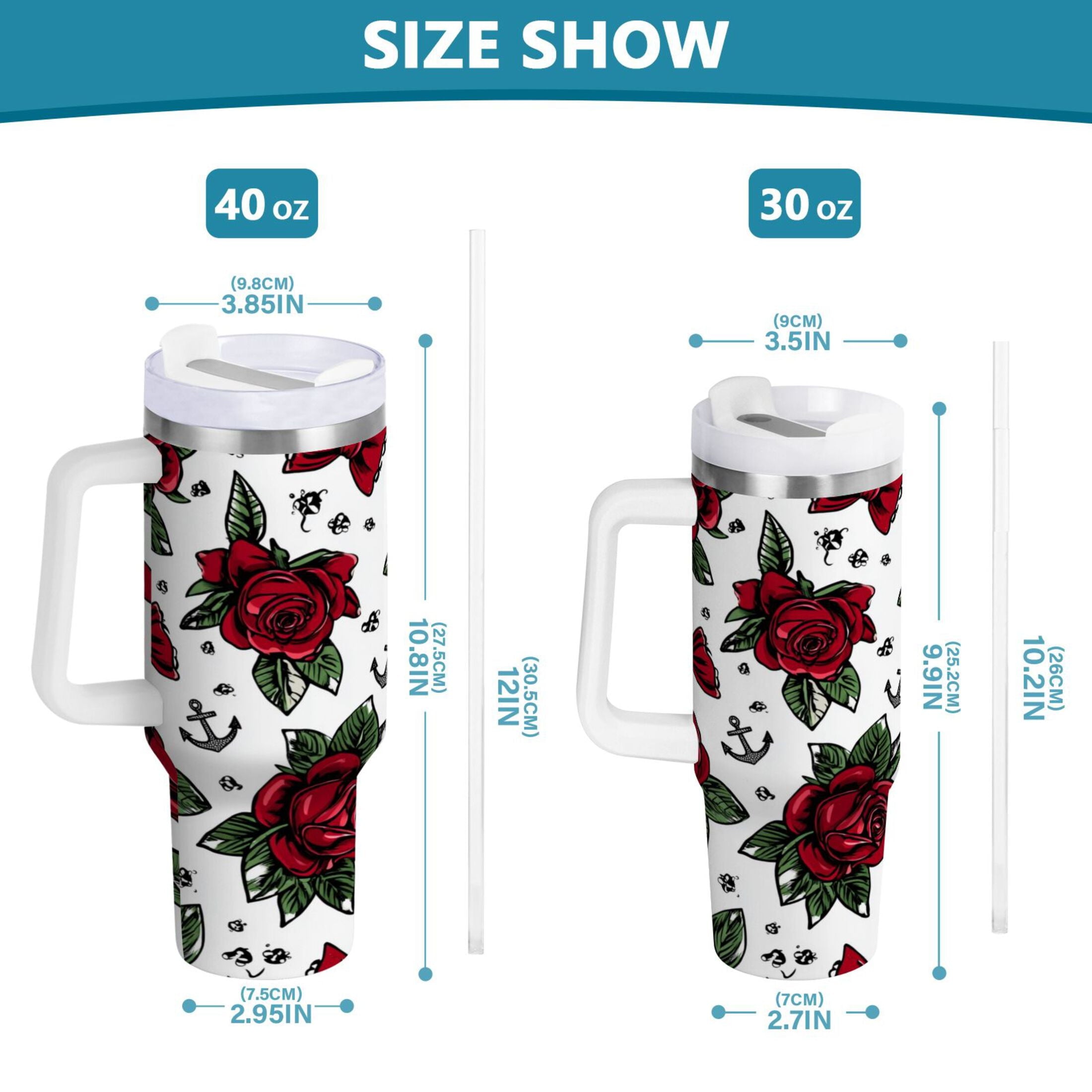 40 oz Insulated Stainless Steel Tumbler Double Wall Stainless Steel Tumbler with 2-Way Drinking Red Roses and Cherries