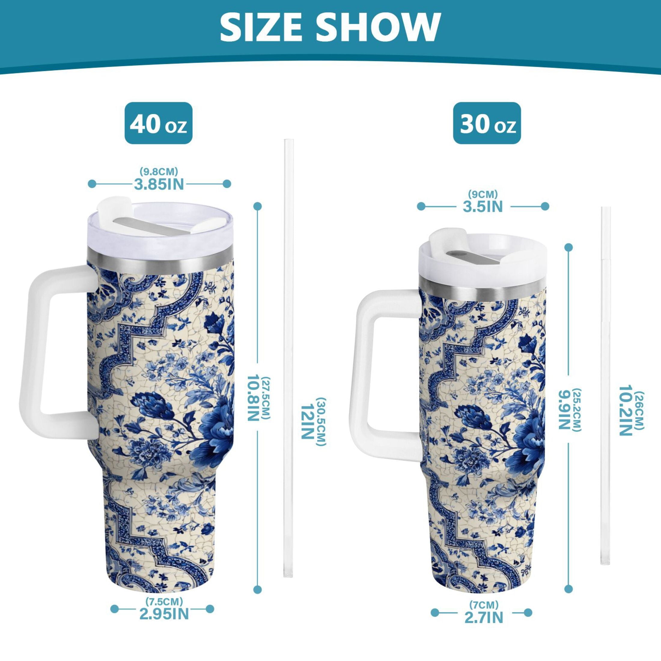 30 oz Insulated Stainless Steel Tumbler Double Wall Stainless Steel Tumbler with 2-Way Drinking Blue and White Porcelain-style