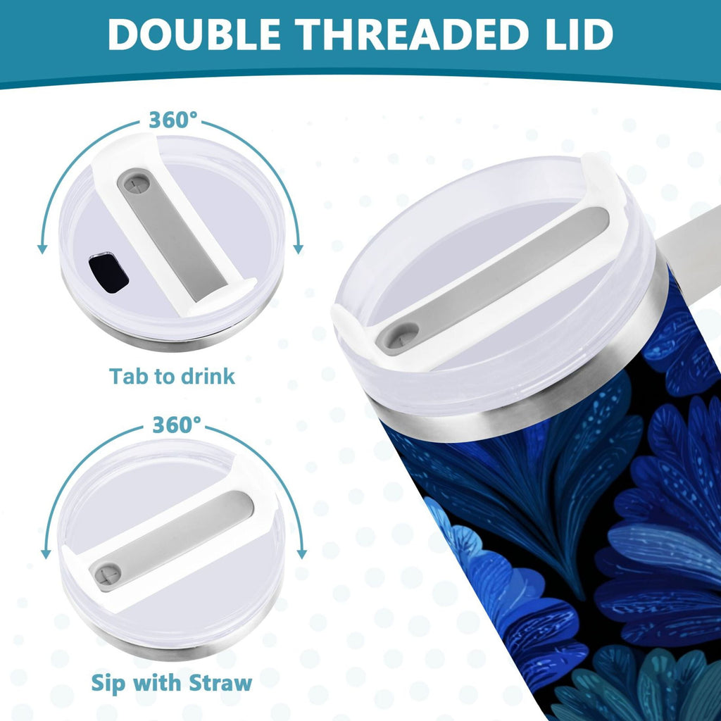 30 oz Insulated Stainless Steel Tumbler Double Wall Stainless Steel Tumbler with 2-Way Drinking Blue Batik Leaves Pattern