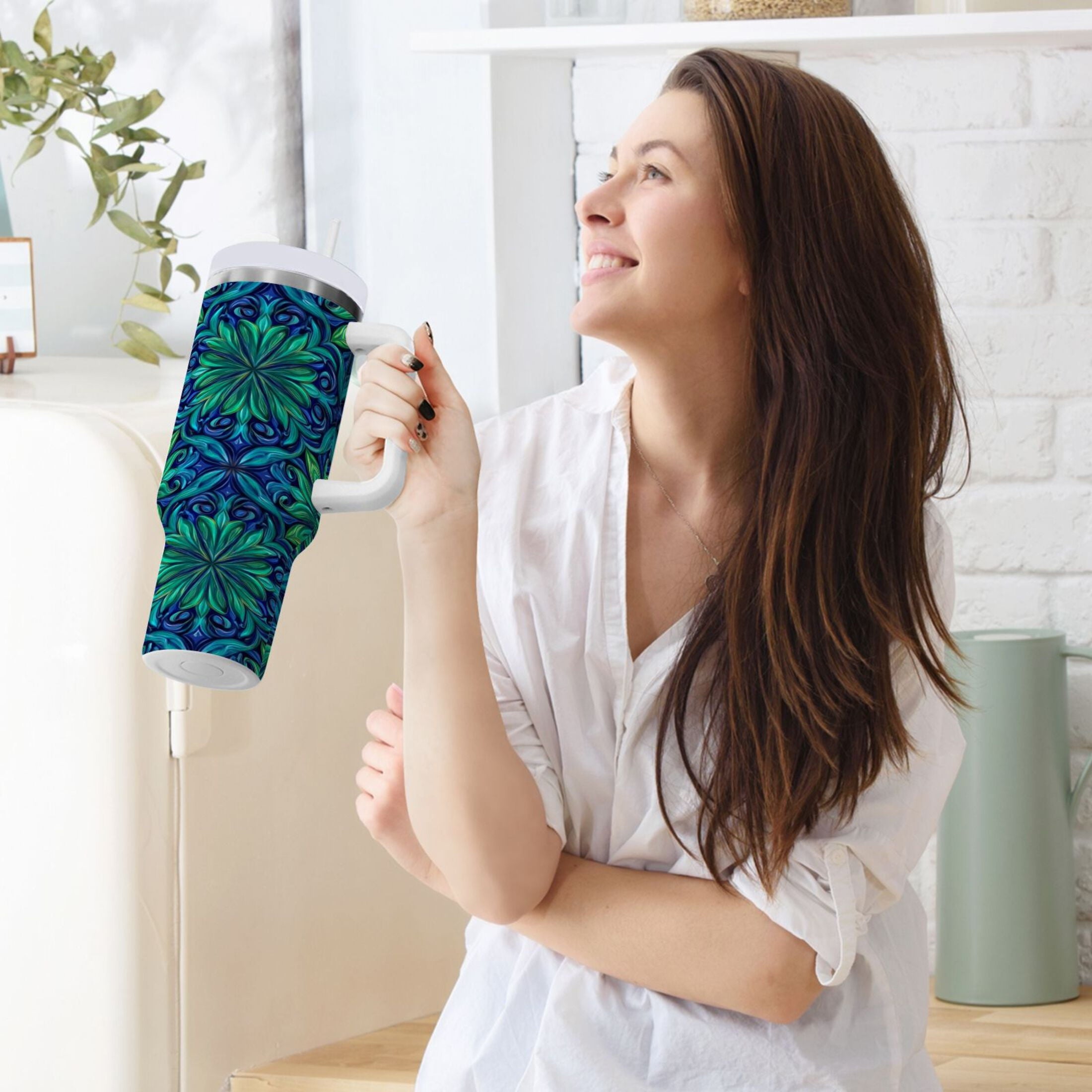 40 oz Insulated Stainless Steel Tumbler Double Wall Stainless Steel Tumbler with 2-Way Drinking Elegant Blue Traditional Patterns