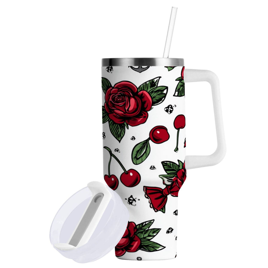 40 oz Insulated Stainless Steel Tumbler Double Wall Stainless Steel Tumbler with 2-Way Drinking Red Roses and Cherries