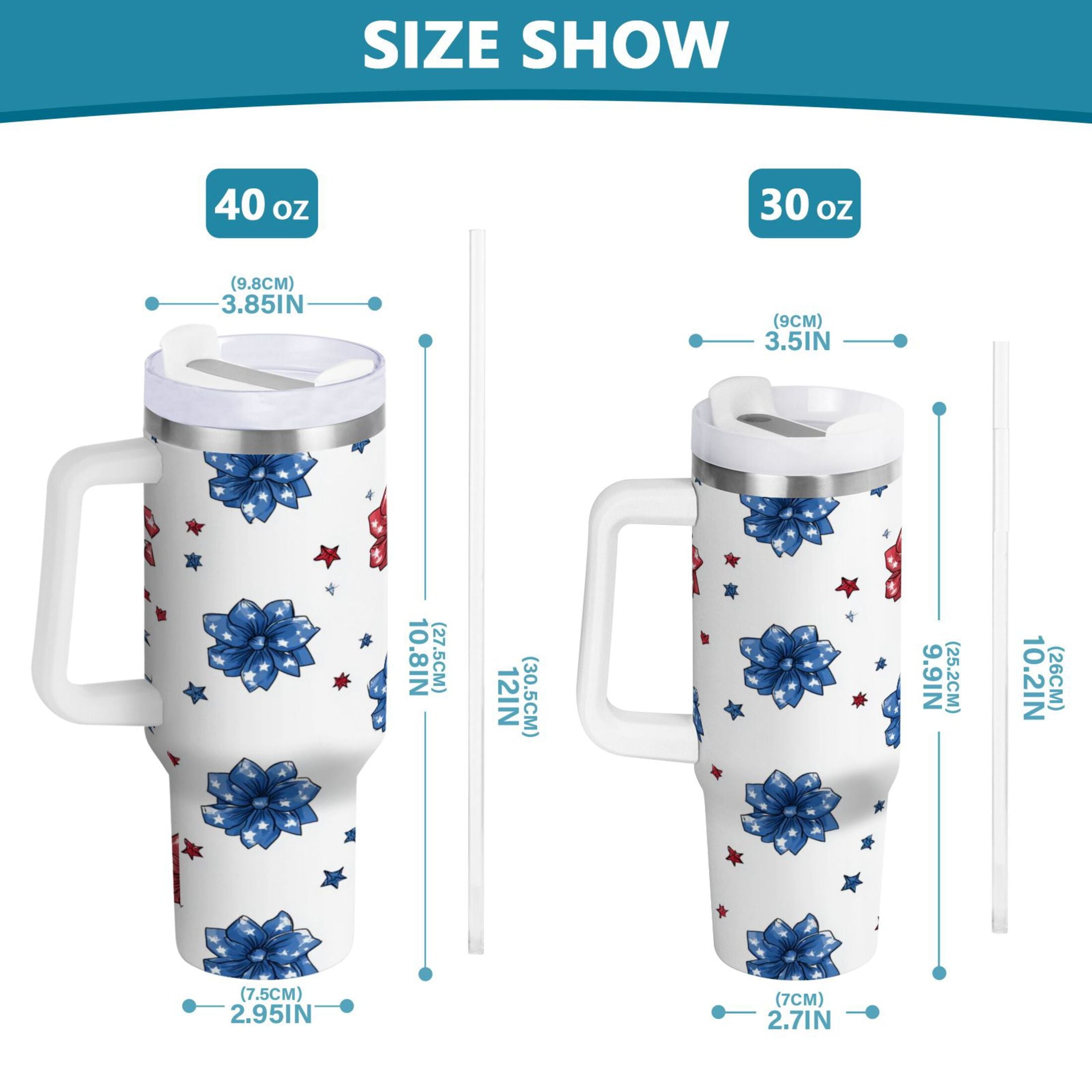 40 oz Insulated Stainless Steel Tumbler Double Wall Stainless Steel Tumbler with 2-Way Drinking Stars and Stripes Puttern Flower