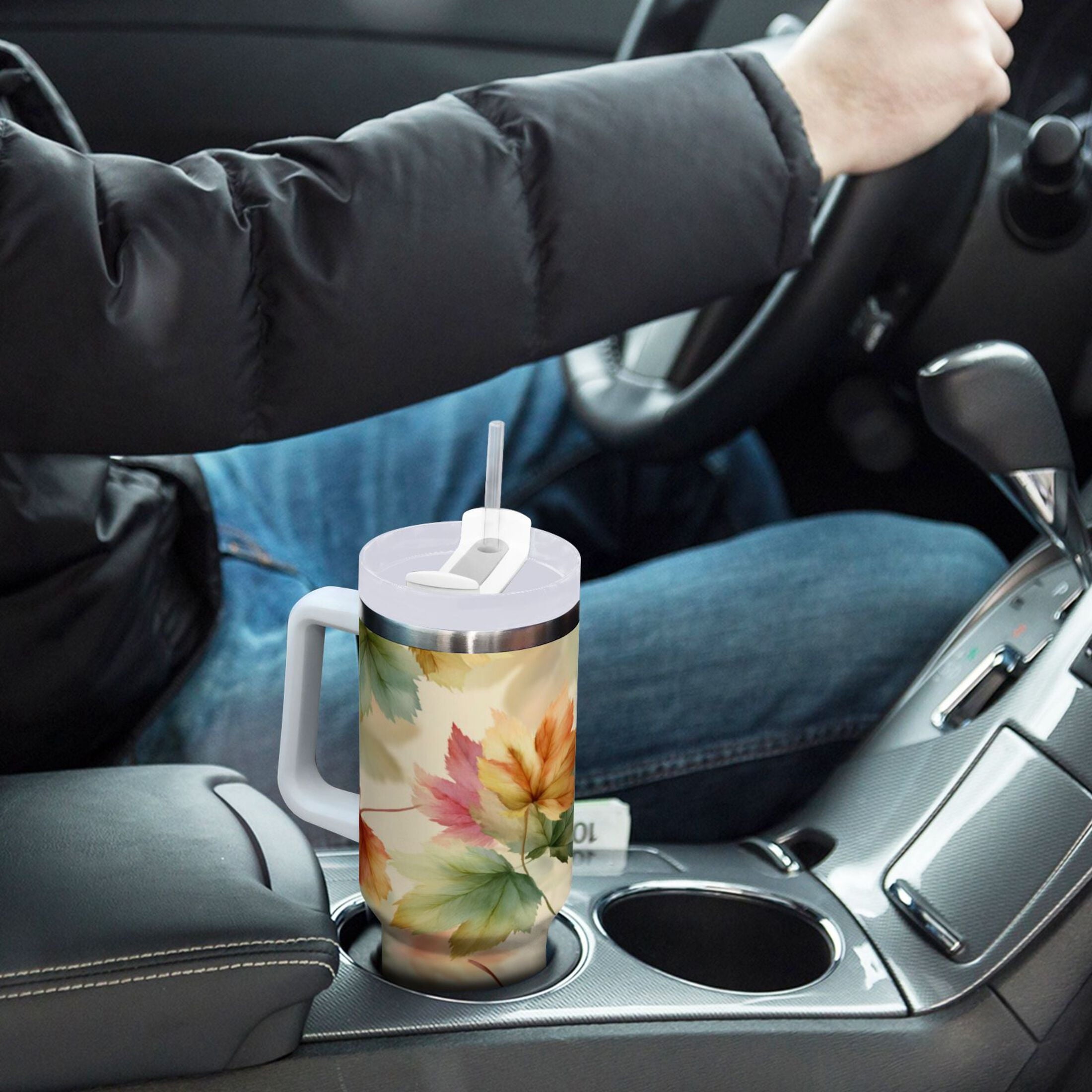 40 oz Insulated Stainless Steel Tumbler Double Wall Stainless Steel Tumbler with 2-Way Drinking Watercolor Maple Leaves Pattern