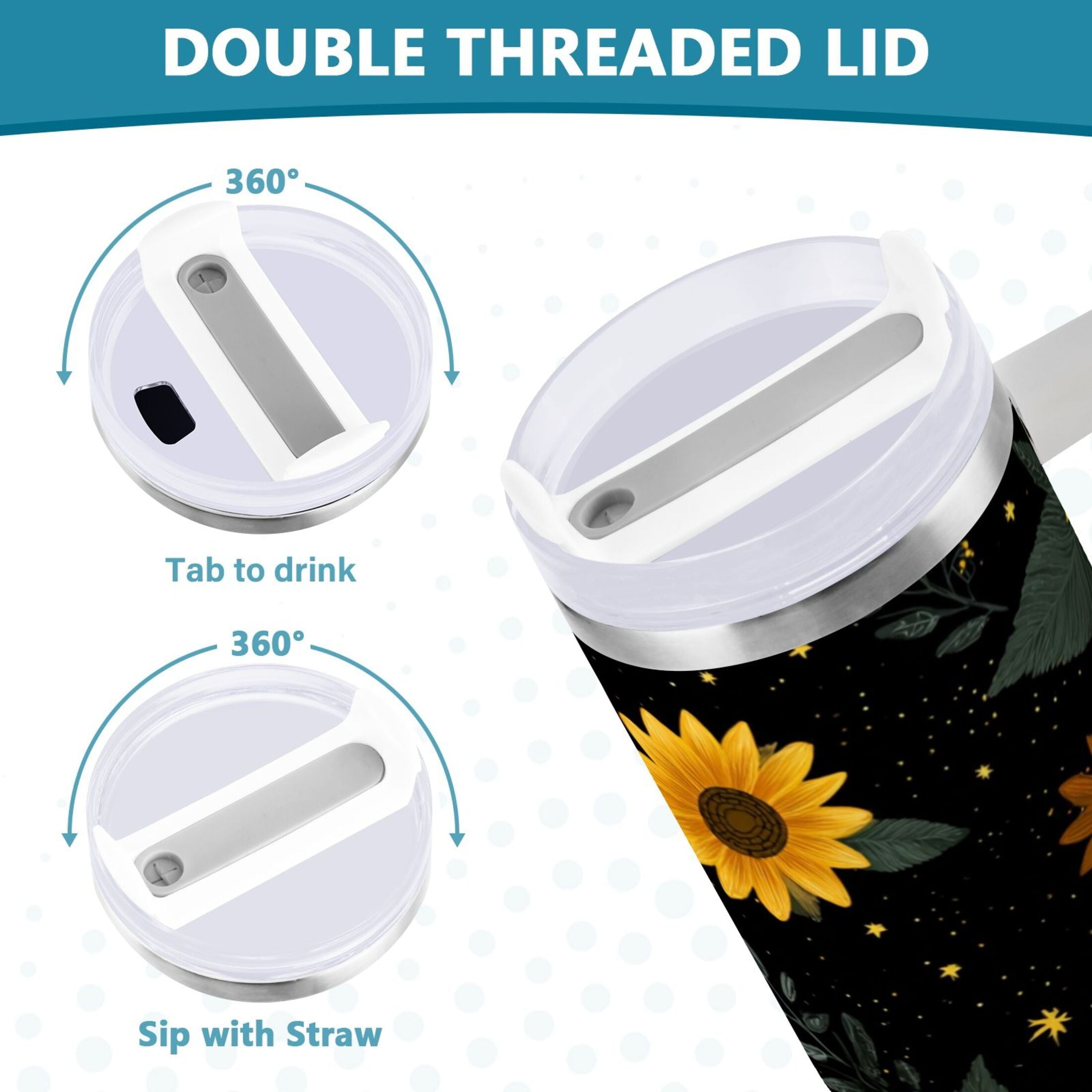 30 oz Insulated Stainless Steel Tumbler Double Wall Stainless Steel Tumbler with 2-Way Drinking Yellow Sunflower Pattern