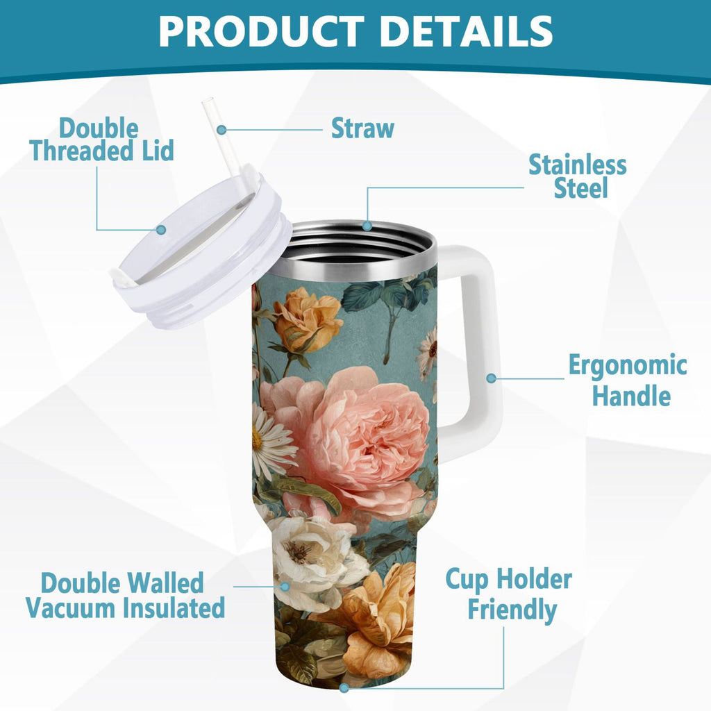 30 oz Insulated Stainless Steel Tumbler Double Wall Stainless Steel Tumbler with 2-Way Drinking Vintage Roses and Peonies