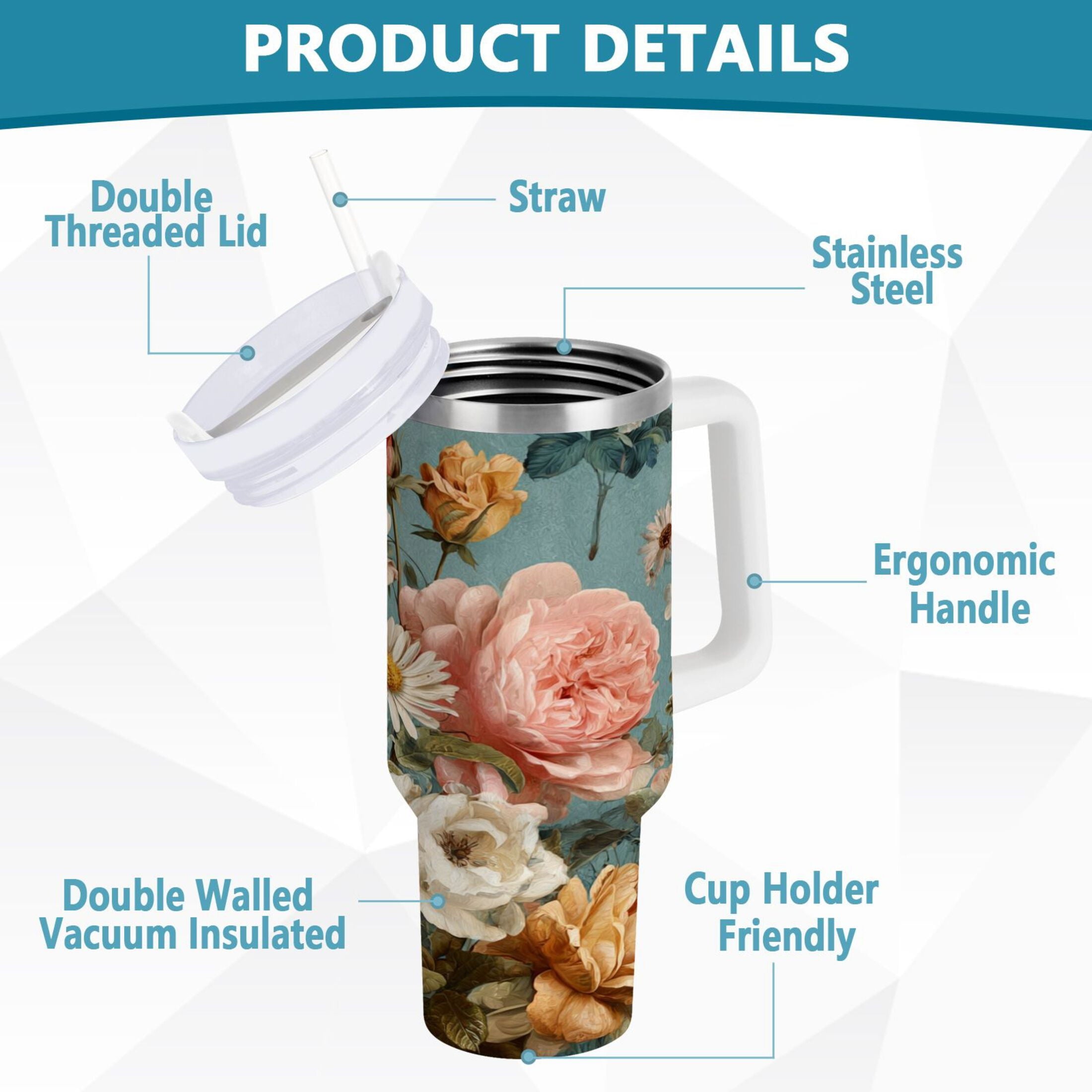 30 oz Insulated Stainless Steel Tumbler Double Wall Stainless Steel Tumbler with 2-Way Drinking Vintage Roses and Peonies