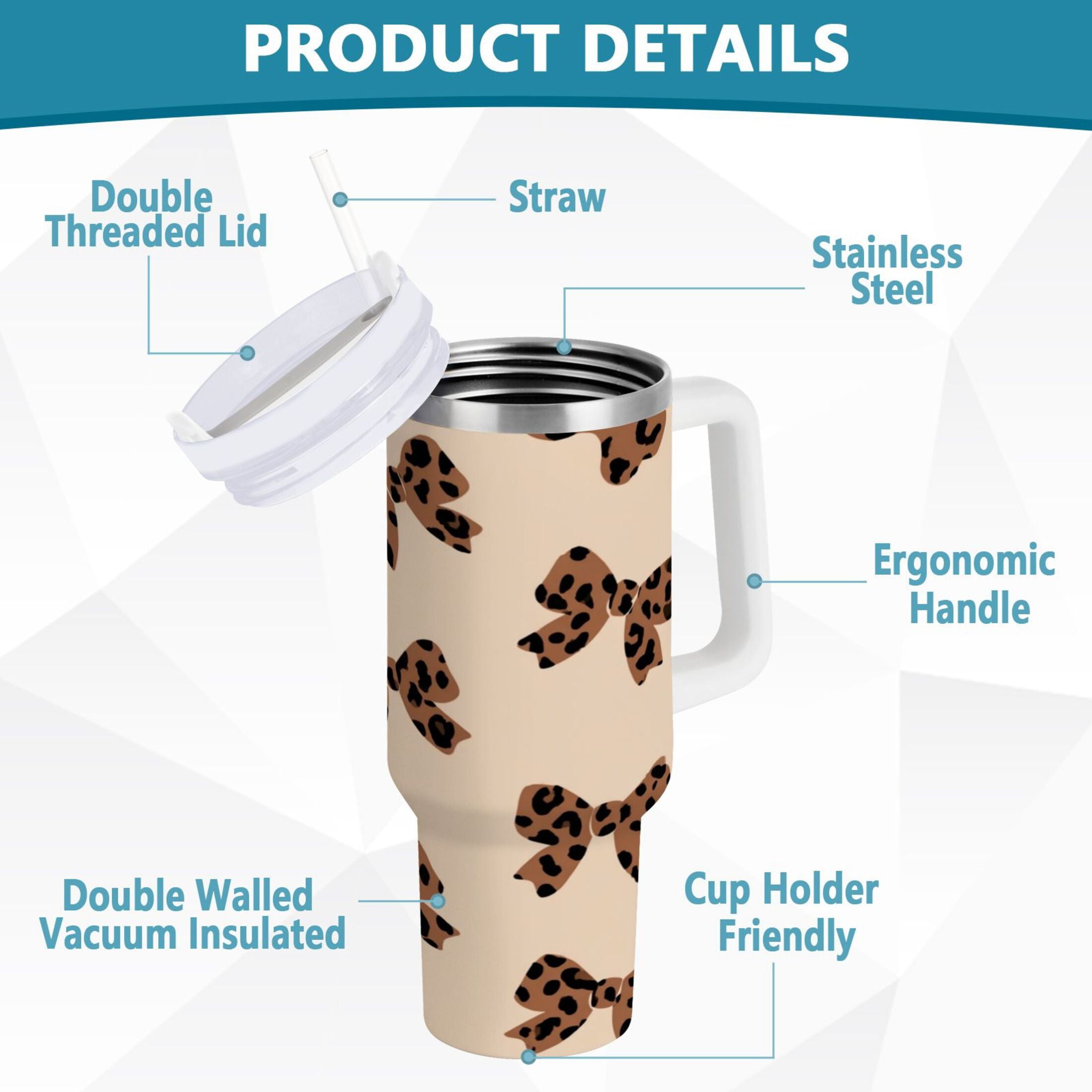 30 oz Insulated Stainless Steel Tumbler Double Wall Stainless Steel Tumbler with 2-Way Drinking Cute Brown Bow