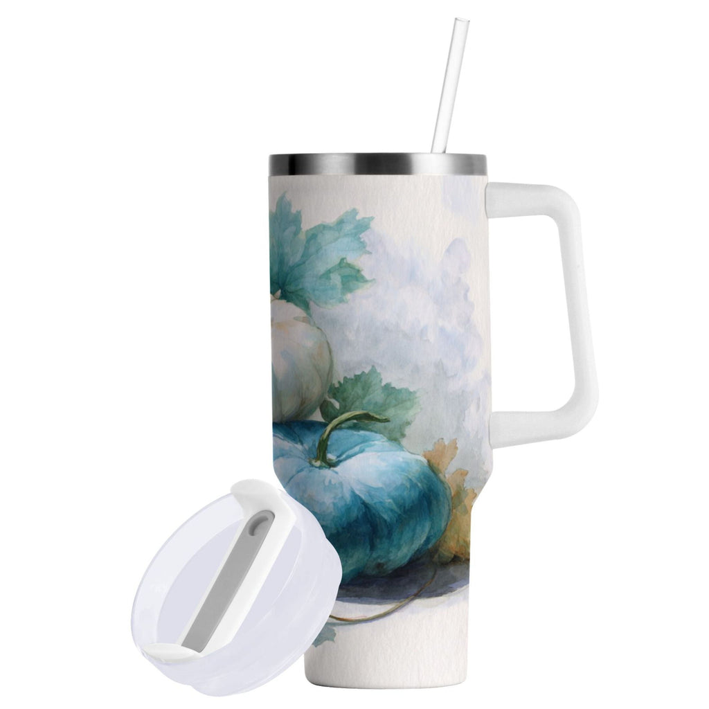40 oz Insulated Stainless Steel Tumbler Double Wall Stainless Steel Tumbler with 2-Way Drinking Watercolor Pumpkins and Leaves
