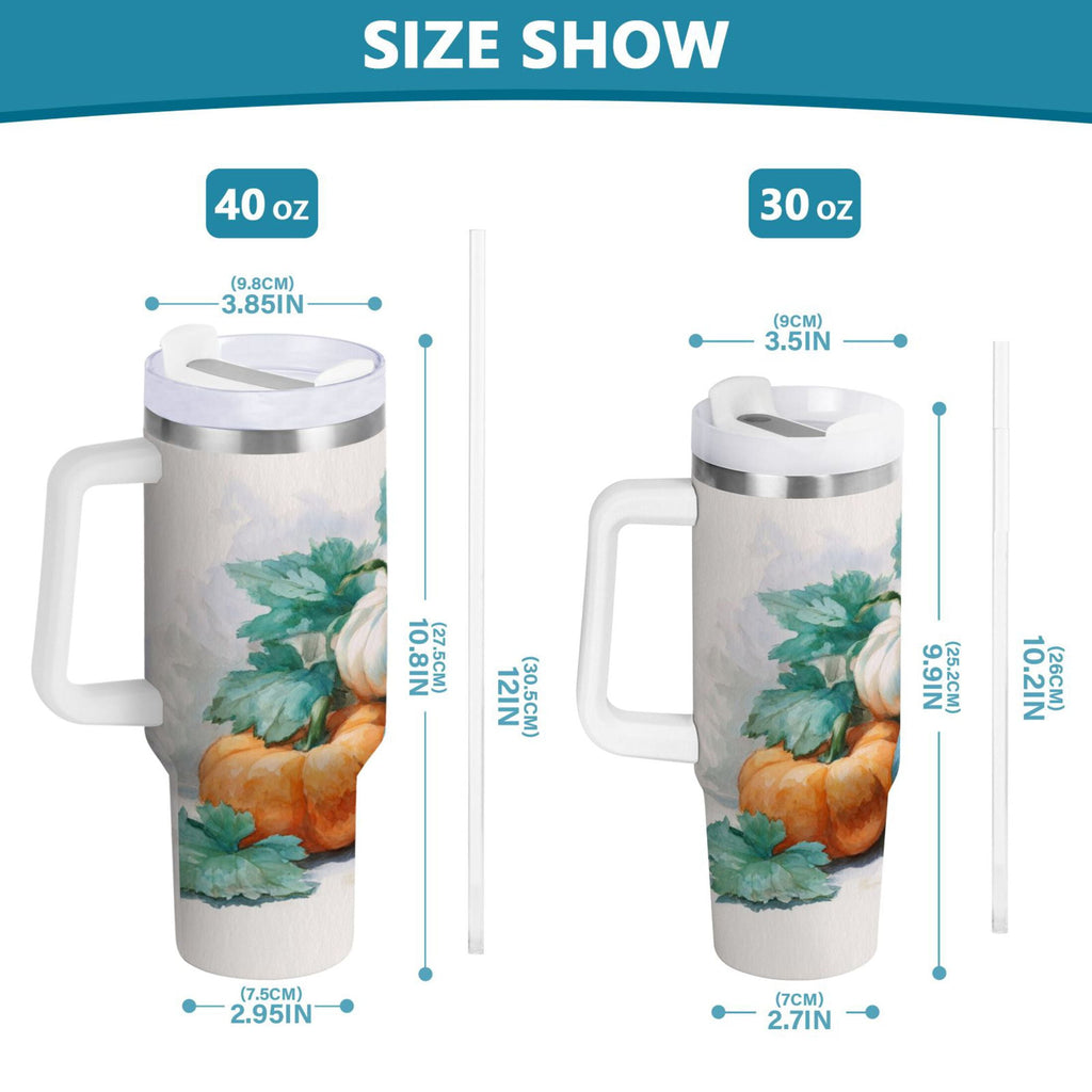 40 oz Insulated Stainless Steel Tumbler Double Wall Stainless Steel Tumbler with 2-Way Drinking Watercolor Pumpkins and Leaves