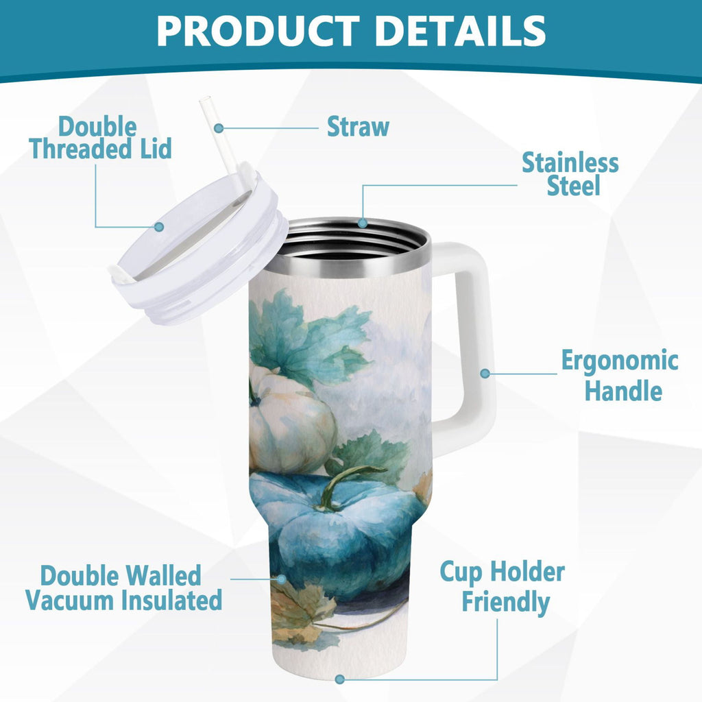 40 oz Insulated Stainless Steel Tumbler Double Wall Stainless Steel Tumbler with 2-Way Drinking Watercolor Pumpkins and Leaves