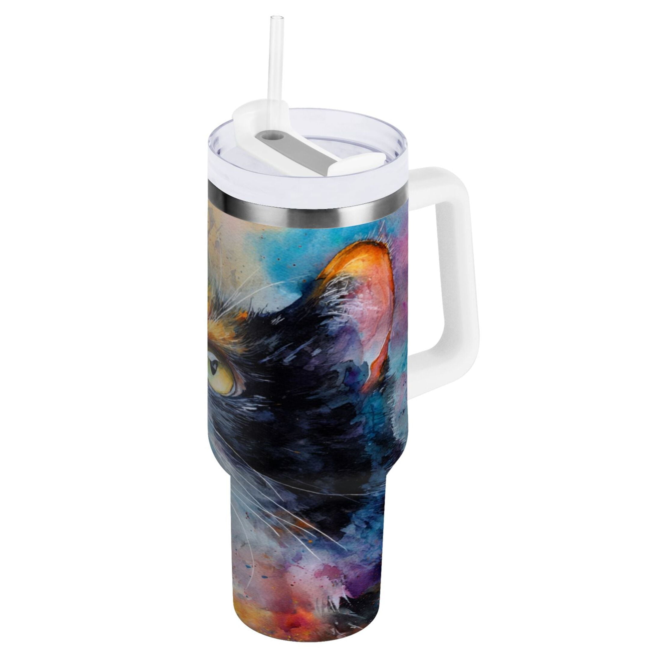 30 oz Insulated Stainless Steel Tumbler Double Wall Stainless Steel Tumbler with 2-Way Drinking Watercolor Calico Cat