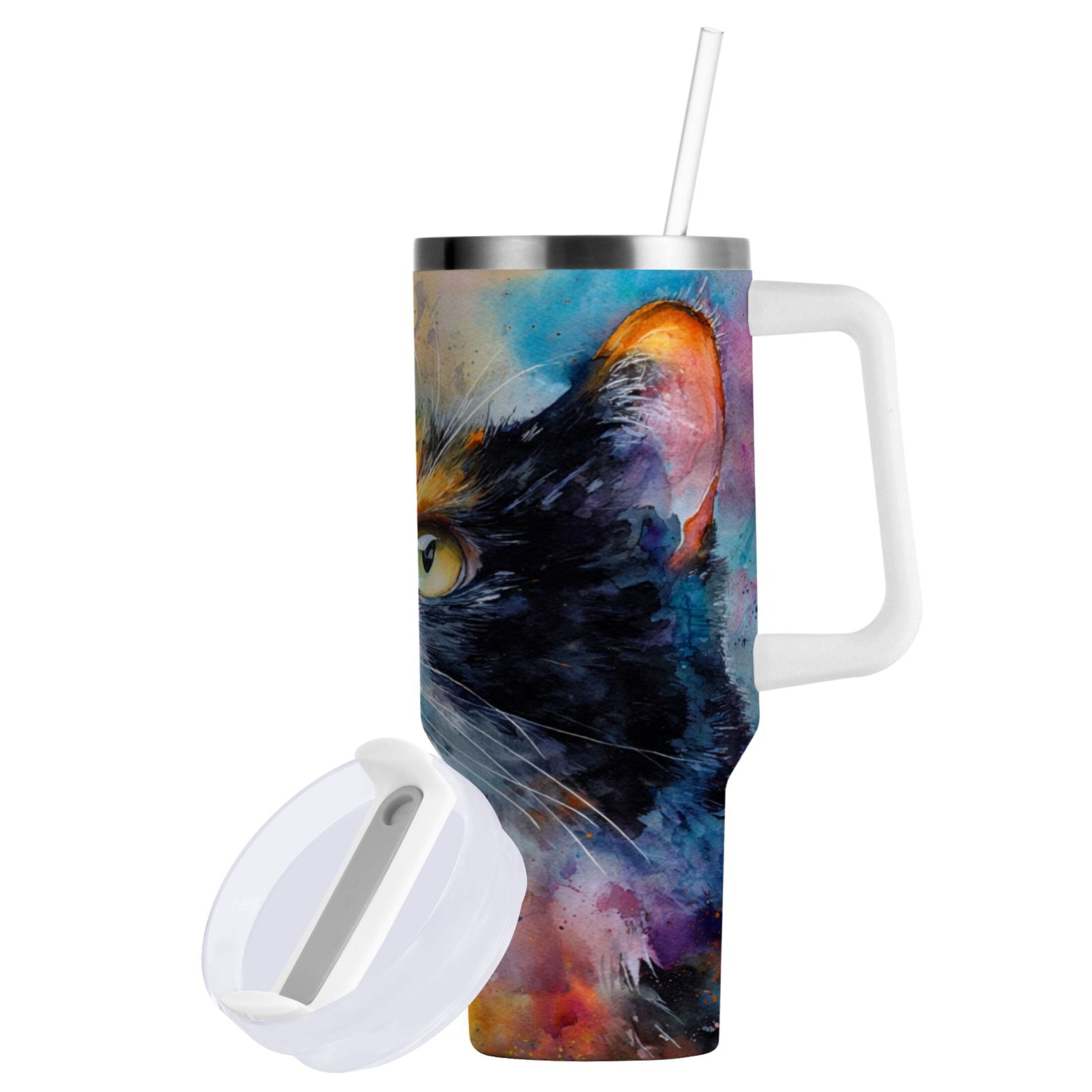 30 oz Insulated Stainless Steel Tumbler Double Wall Stainless Steel Tumbler with 2-Way Drinking Watercolor Calico Cat