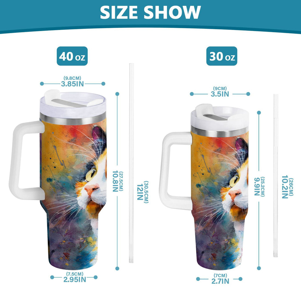 30 oz Insulated Stainless Steel Tumbler Double Wall Stainless Steel Tumbler with 2-Way Drinking Watercolor Calico Cat