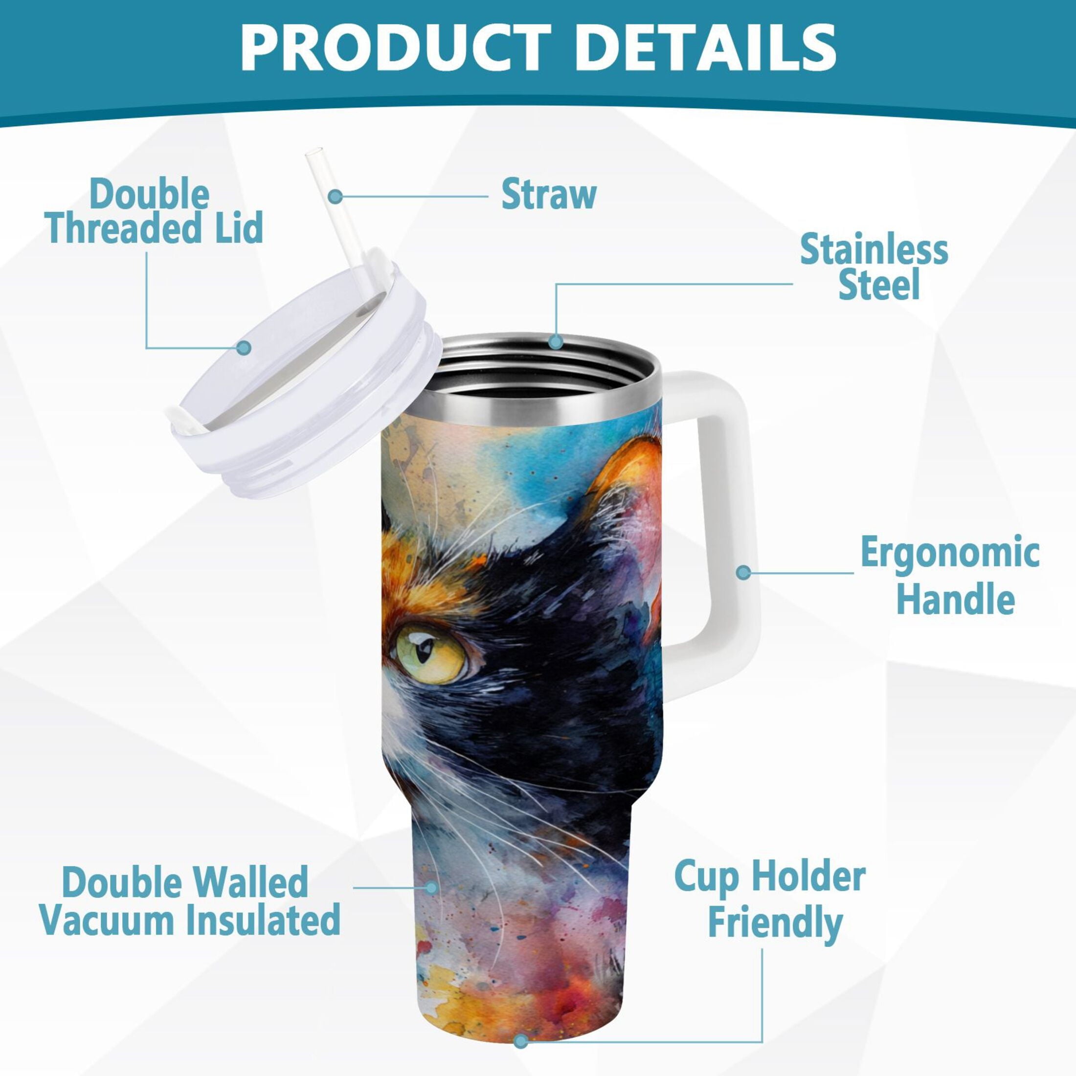 30 oz Insulated Stainless Steel Tumbler Double Wall Stainless Steel Tumbler with 2-Way Drinking Watercolor Calico Cat