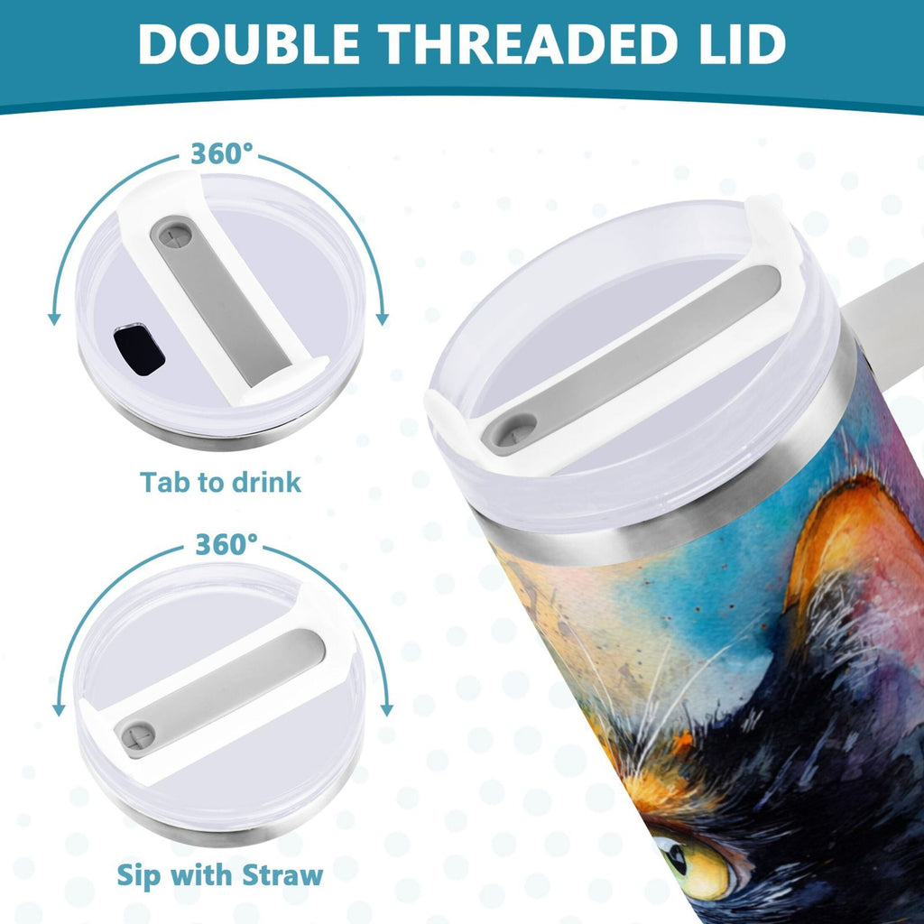 30 oz Insulated Stainless Steel Tumbler Double Wall Stainless Steel Tumbler with 2-Way Drinking Watercolor Calico Cat