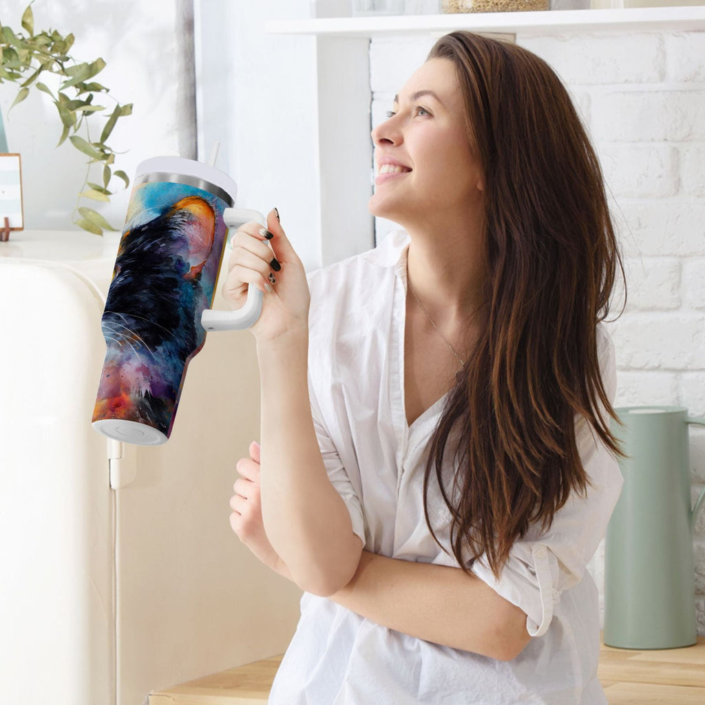 30 oz Insulated Stainless Steel Tumbler Double Wall Stainless Steel Tumbler with 2-Way Drinking Watercolor Calico Cat