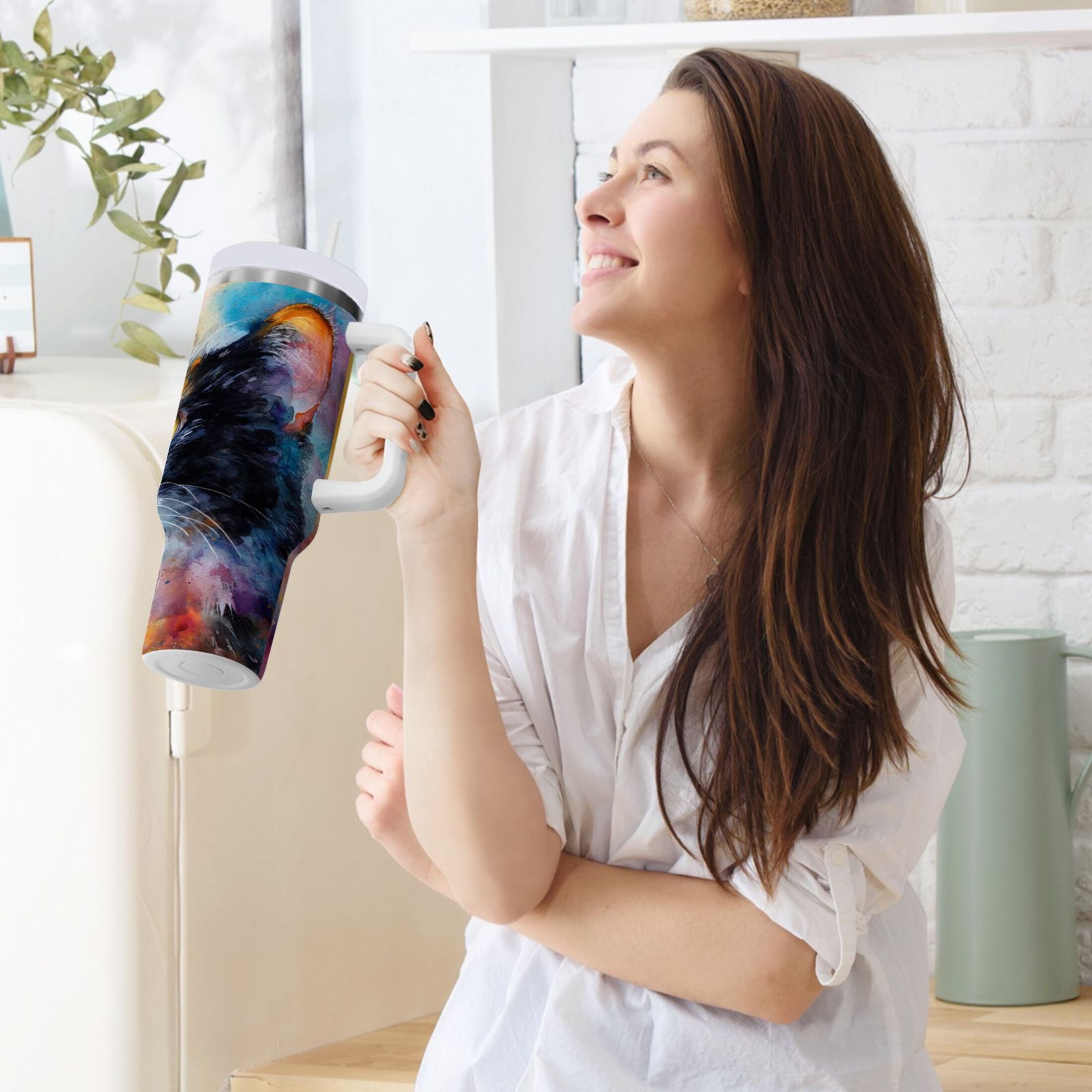 30 oz Insulated Stainless Steel Tumbler Double Wall Stainless Steel Tumbler with 2-Way Drinking Watercolor Calico Cat