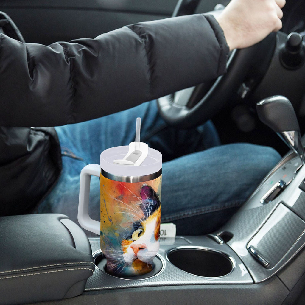 30 oz Insulated Stainless Steel Tumbler Double Wall Stainless Steel Tumbler with 2-Way Drinking Watercolor Calico Cat