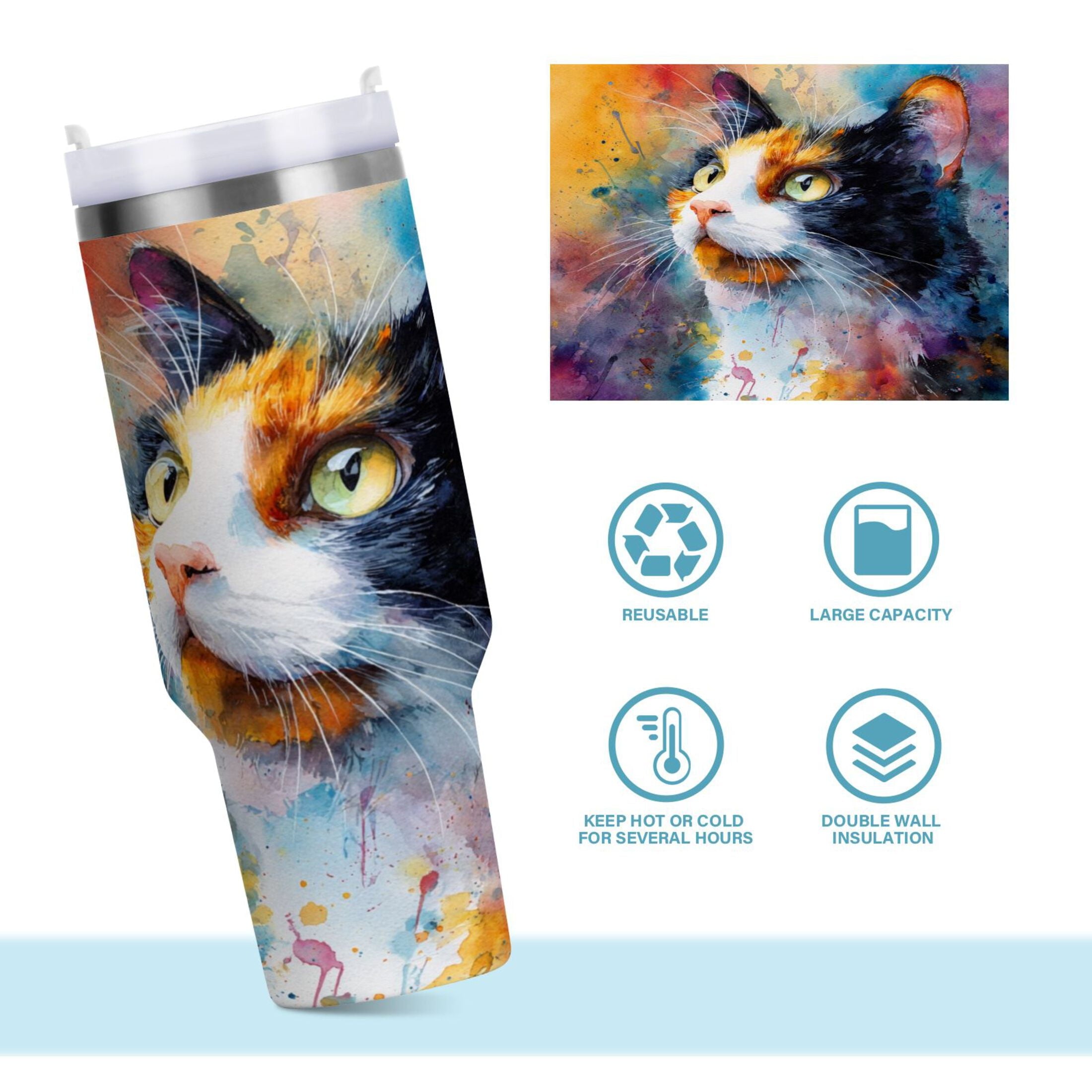30 oz Insulated Stainless Steel Tumbler Double Wall Stainless Steel Tumbler with 2-Way Drinking Watercolor Calico Cat