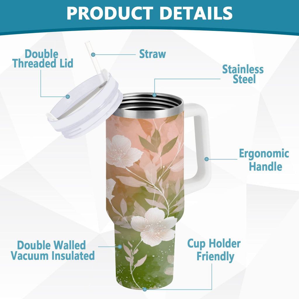 30 oz Insulated Stainless Steel Tumbler Double Wall Stainless Steel Tumbler with 2-Way Drinking Gradient Elegant Floral