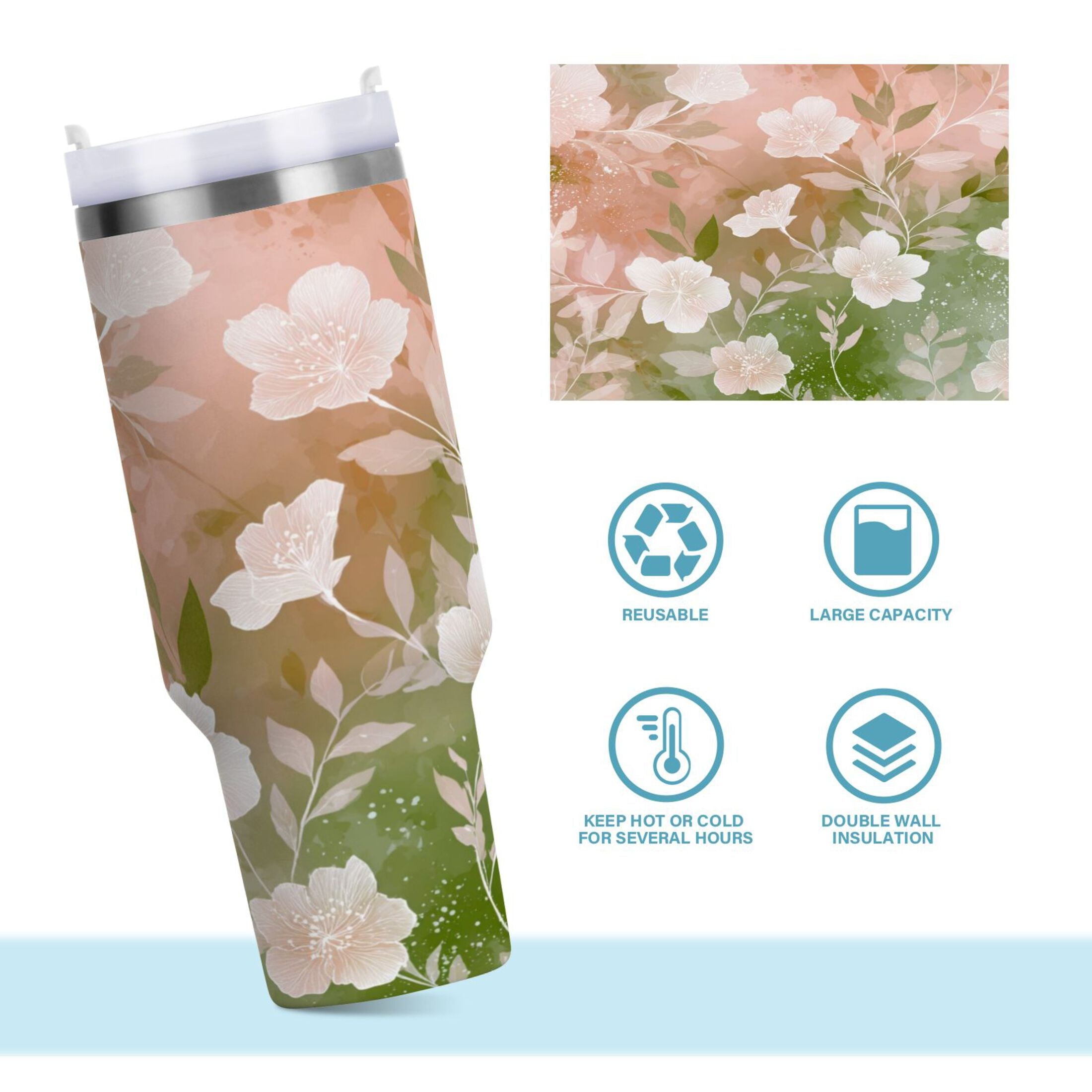 30 oz Insulated Stainless Steel Tumbler Double Wall Stainless Steel Tumbler with 2-Way Drinking Gradient Elegant Floral