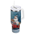 40 oz Insulated Stainless Steel Tumbler Double Wall Stainless Steel Tumbler with 2-Way Drinking Christmas Snowman in A Red Truck