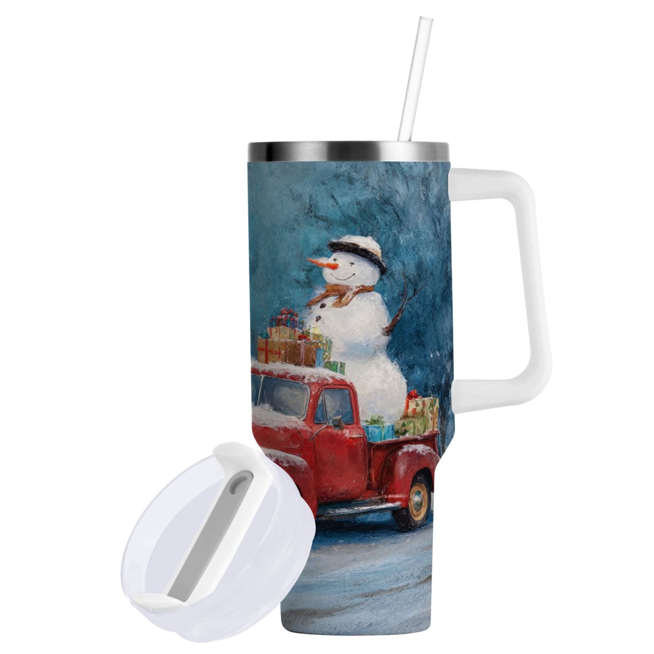 40 oz Insulated Stainless Steel Tumbler Double Wall Stainless Steel Tumbler with 2-Way Drinking Christmas Snowman in A Red Truck