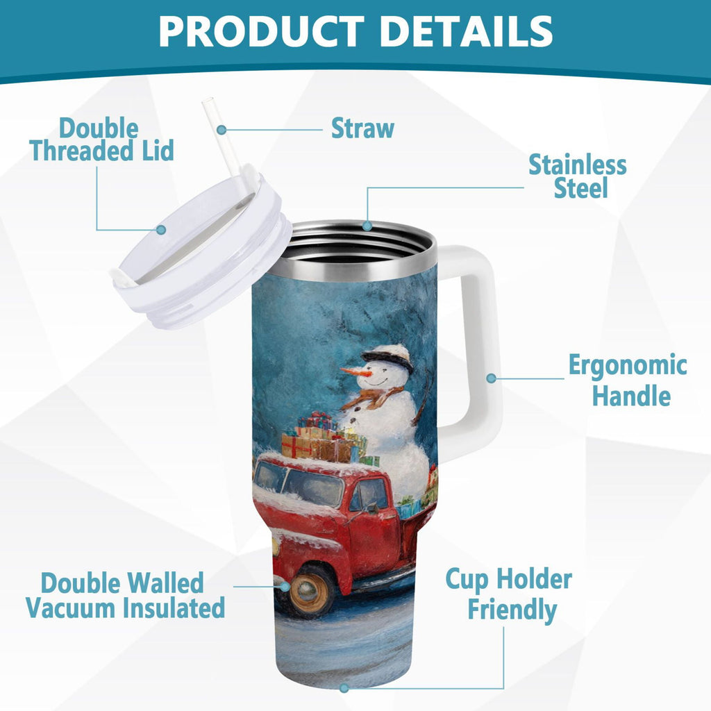 40 oz Insulated Stainless Steel Tumbler Double Wall Stainless Steel Tumbler with 2-Way Drinking Christmas Snowman in A Red Truck