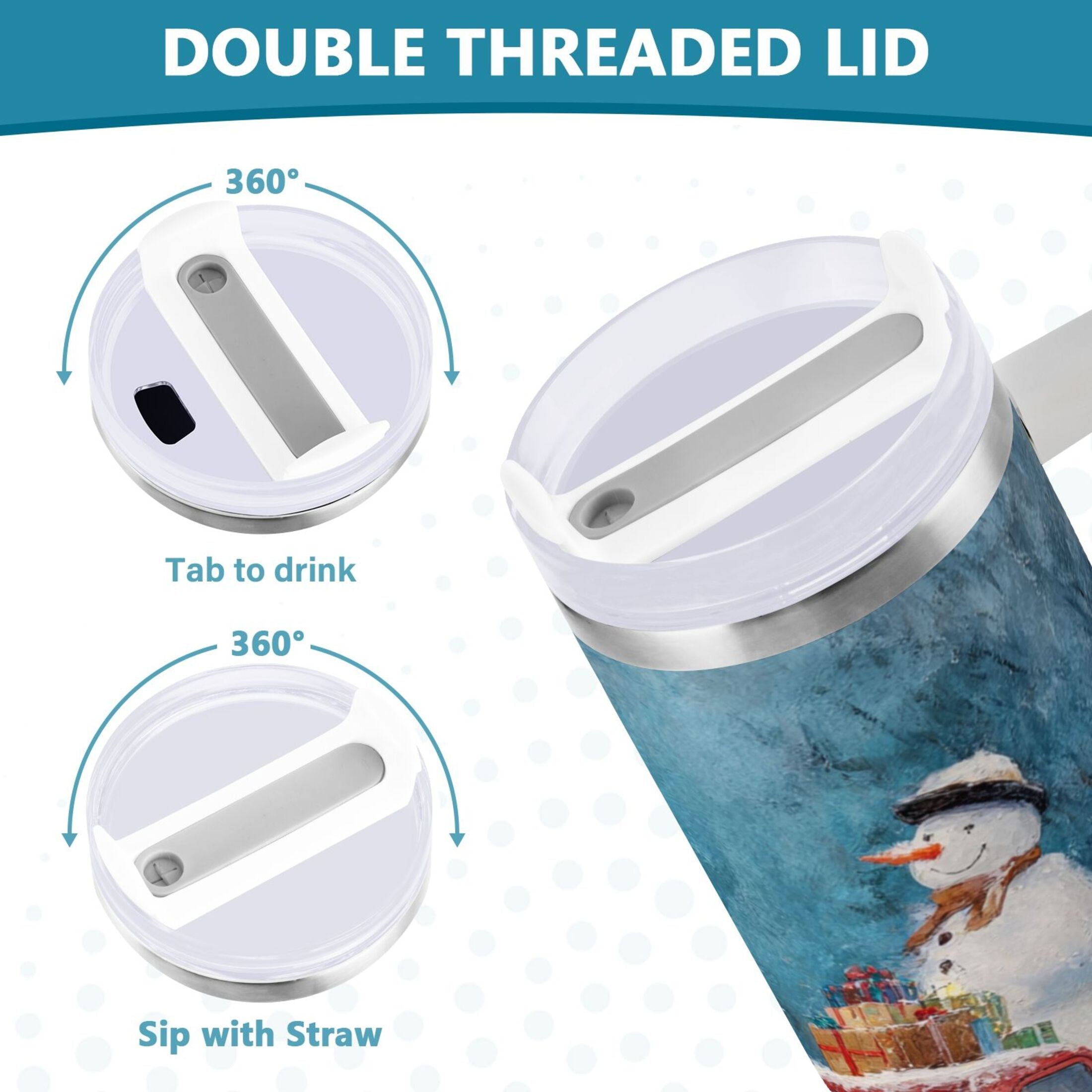 40 oz Insulated Stainless Steel Tumbler Double Wall Stainless Steel Tumbler with 2-Way Drinking Christmas Snowman in A Red Truck