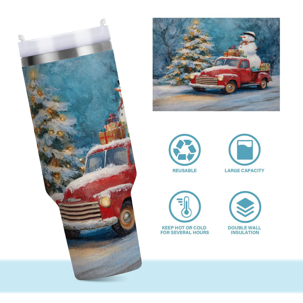 40 oz Insulated Stainless Steel Tumbler Double Wall Stainless Steel Tumbler with 2-Way Drinking Christmas Snowman in A Red Truck