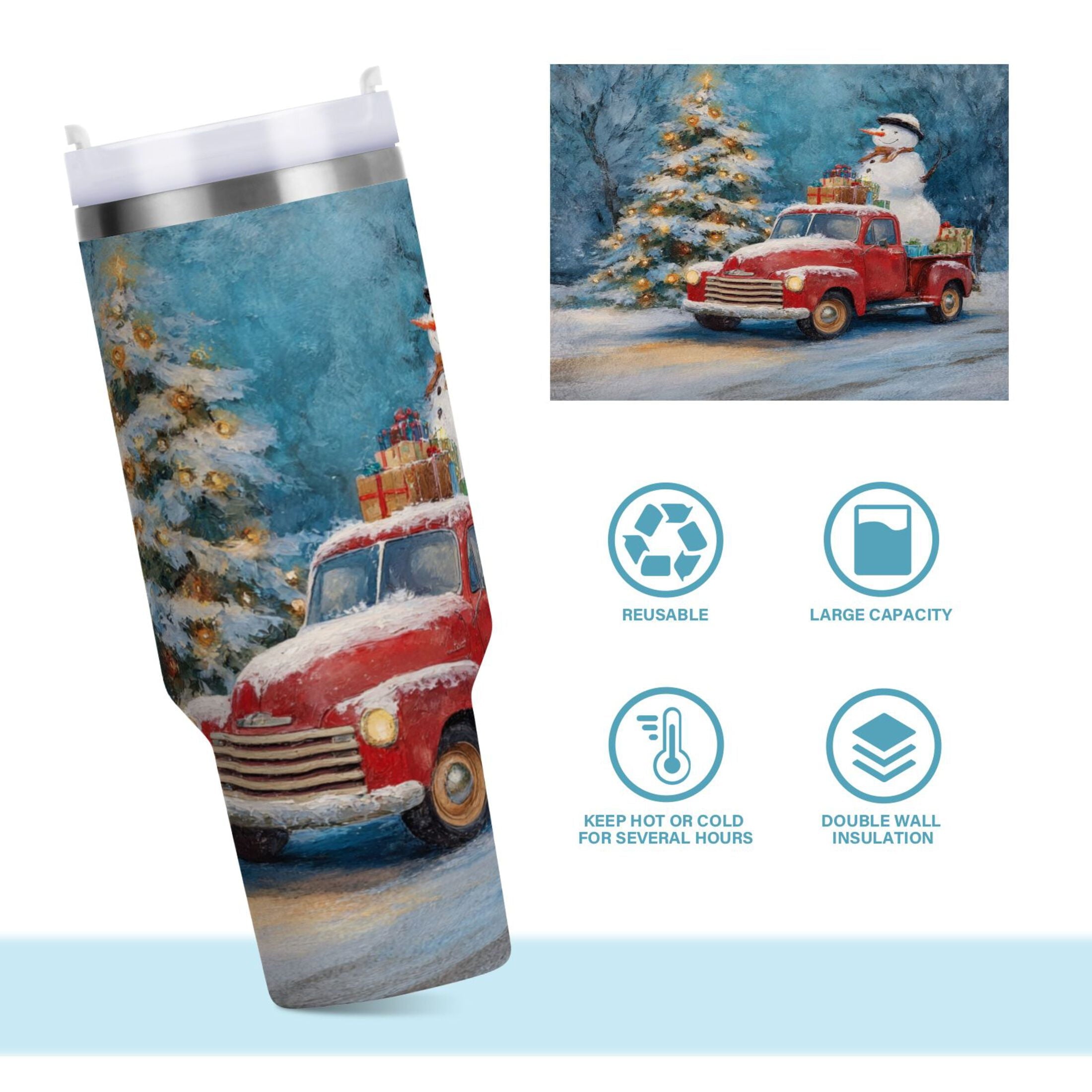 40 oz Insulated Stainless Steel Tumbler Double Wall Stainless Steel Tumbler with 2-Way Drinking Christmas Snowman in A Red Truck